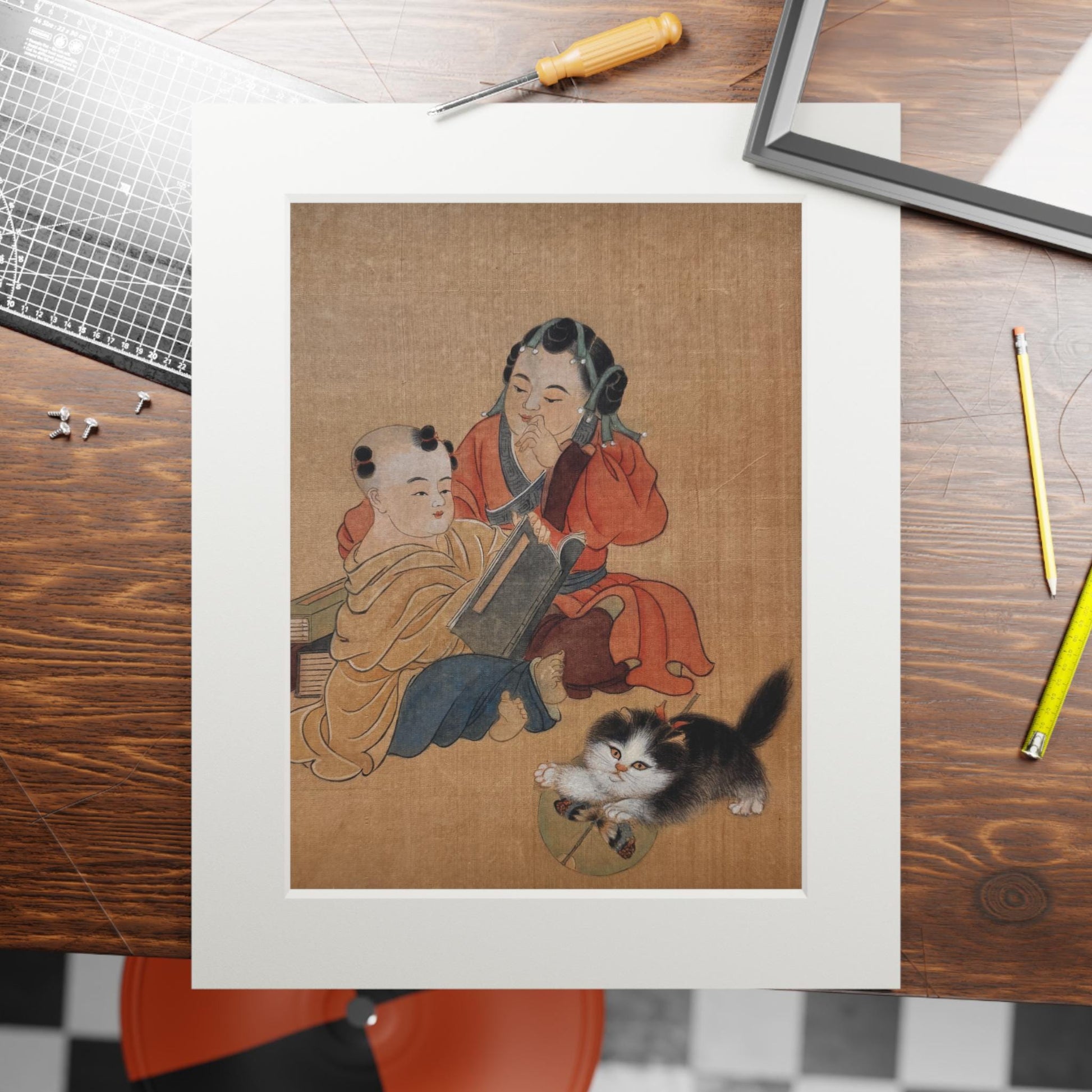 Fine Art Prints, Song Dynasty Painting by Xiang Li, Royal Children with Pet Cat, Lunar New Year Gift, Chinese Watercolor, Passepartout Frame