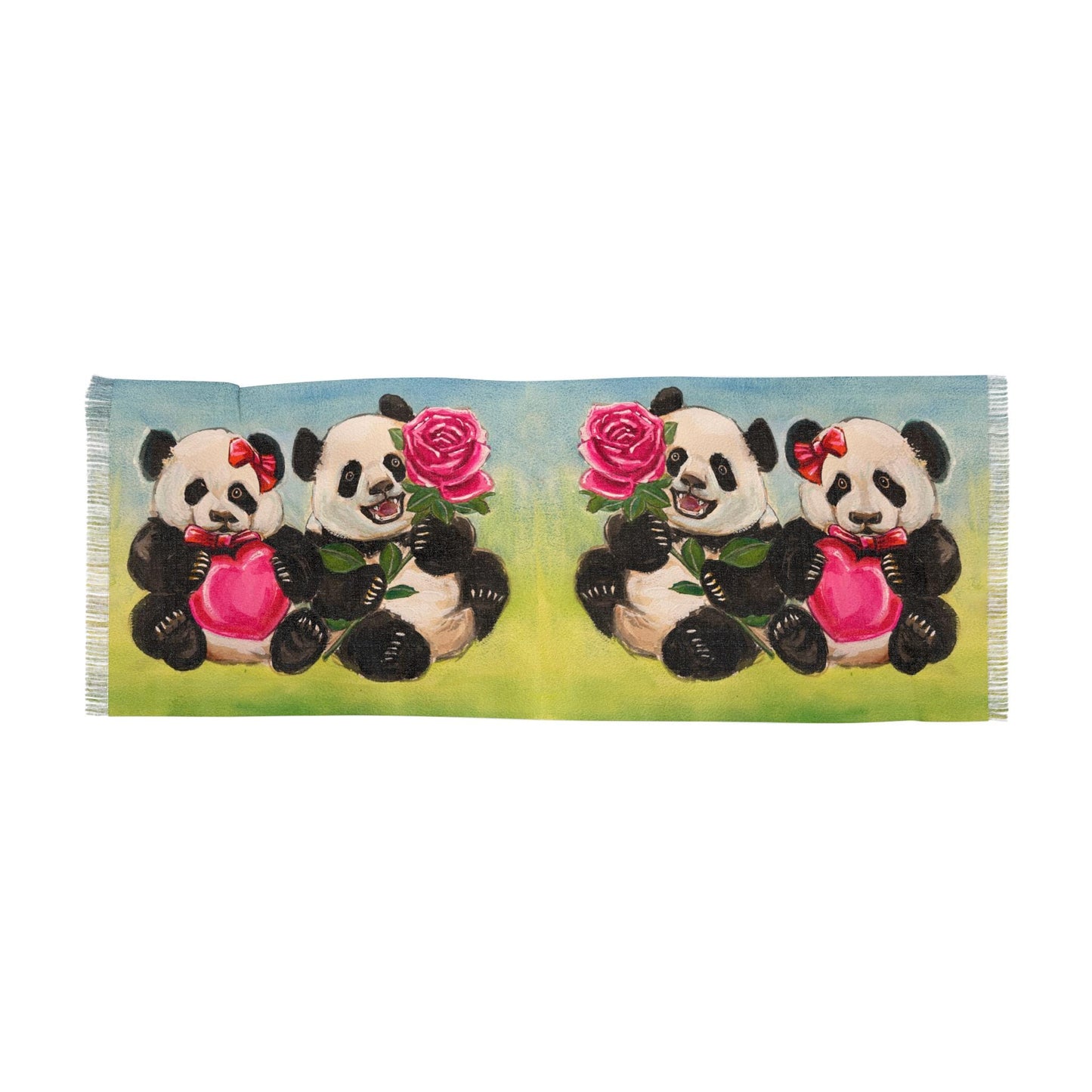 Panda Light Scarf, Cute Animal Fashion Accessory, Valentine's Day Gift, Whimsical Hearts and Roses, Gift for Her, Winter Wrap