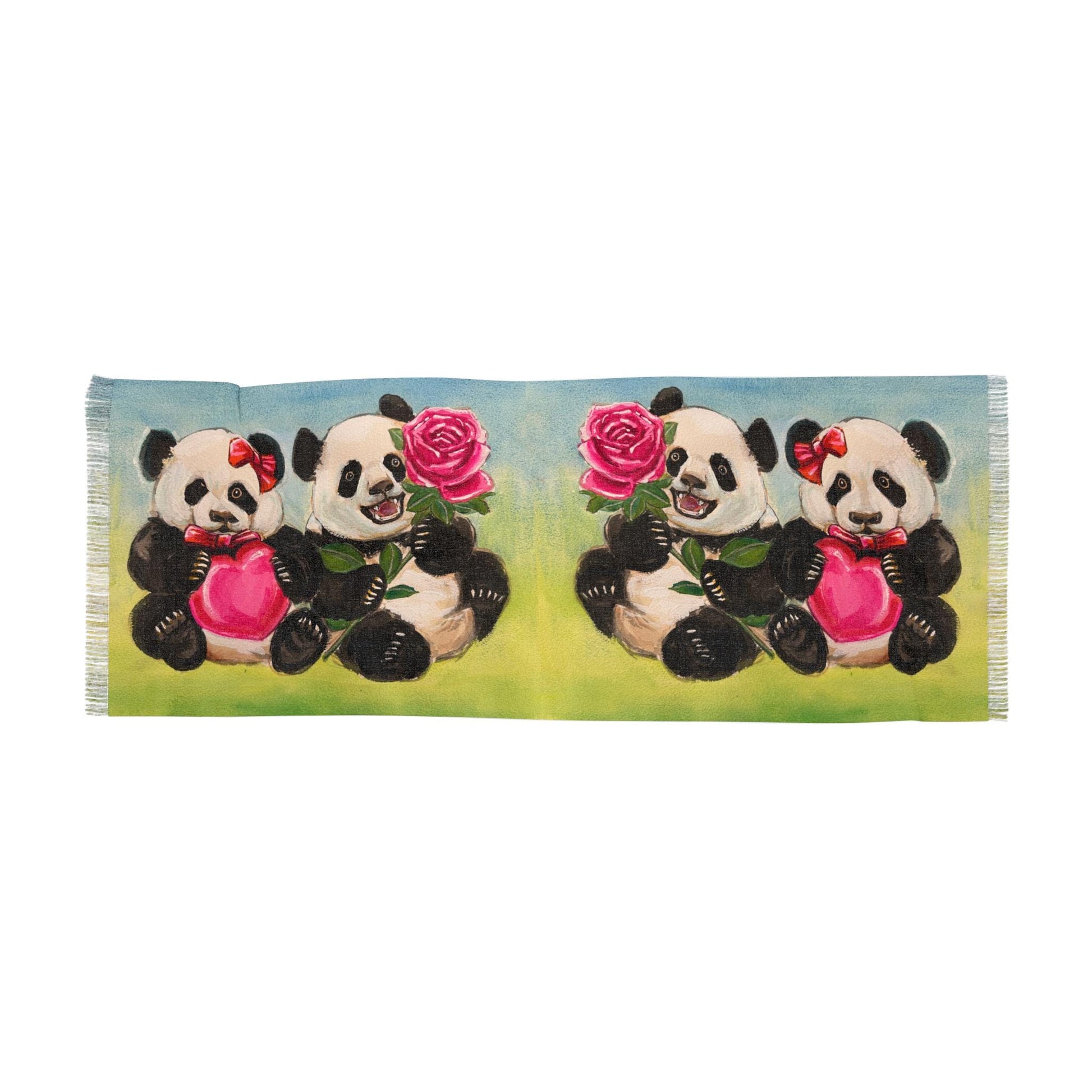 Panda Light Scarf, Cute Animal Fashion Accessory, Valentine's Day Gift, Whimsical Hearts and Roses, Gift for Her, Winter Wrap
