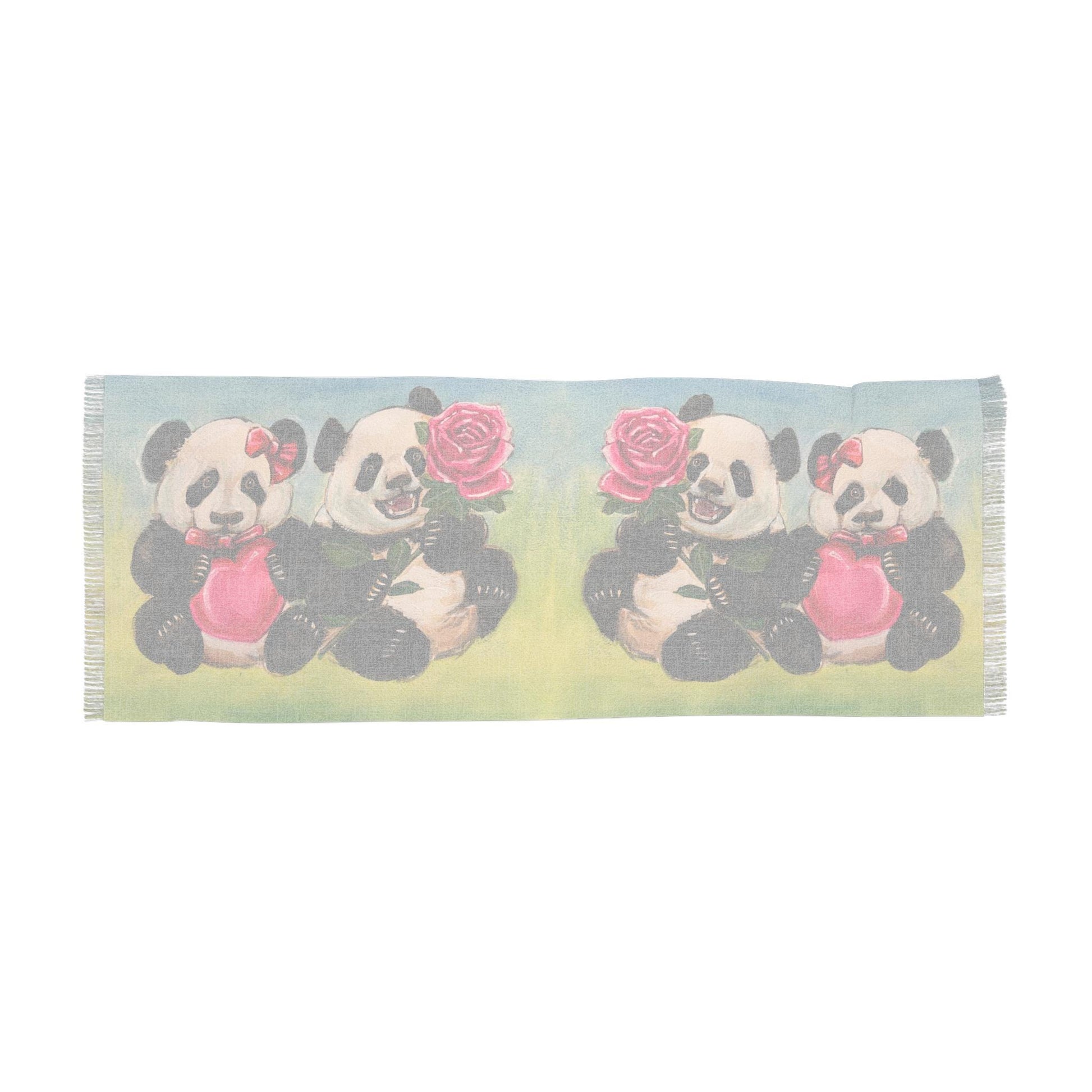 Panda Light Scarf, Cute Animal Fashion Accessory, Valentine's Day Gift, Whimsical Hearts and Roses, Gift for Her, Winter Wrap