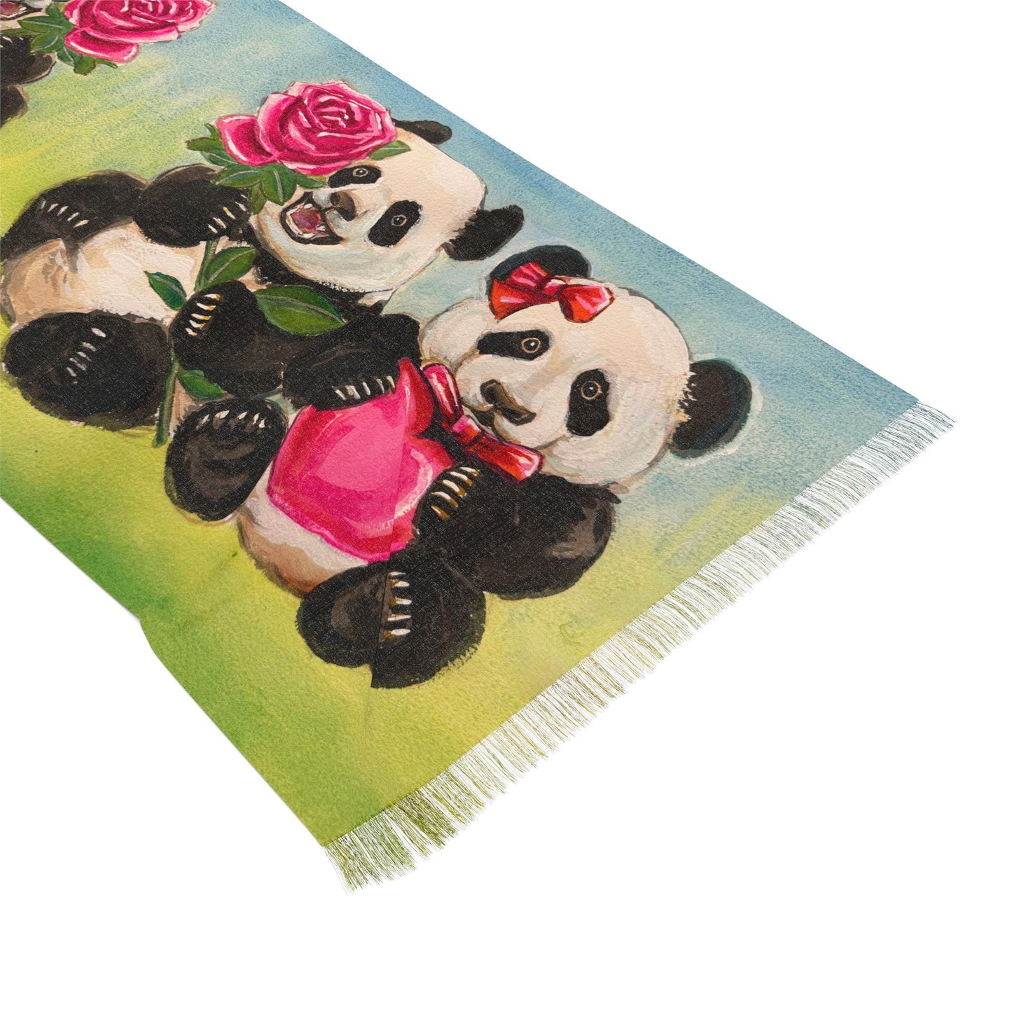 Panda Light Scarf, Cute Animal Fashion Accessory, Valentine's Day Gift, Whimsical Hearts and Roses, Gift for Her, Winter Wrap