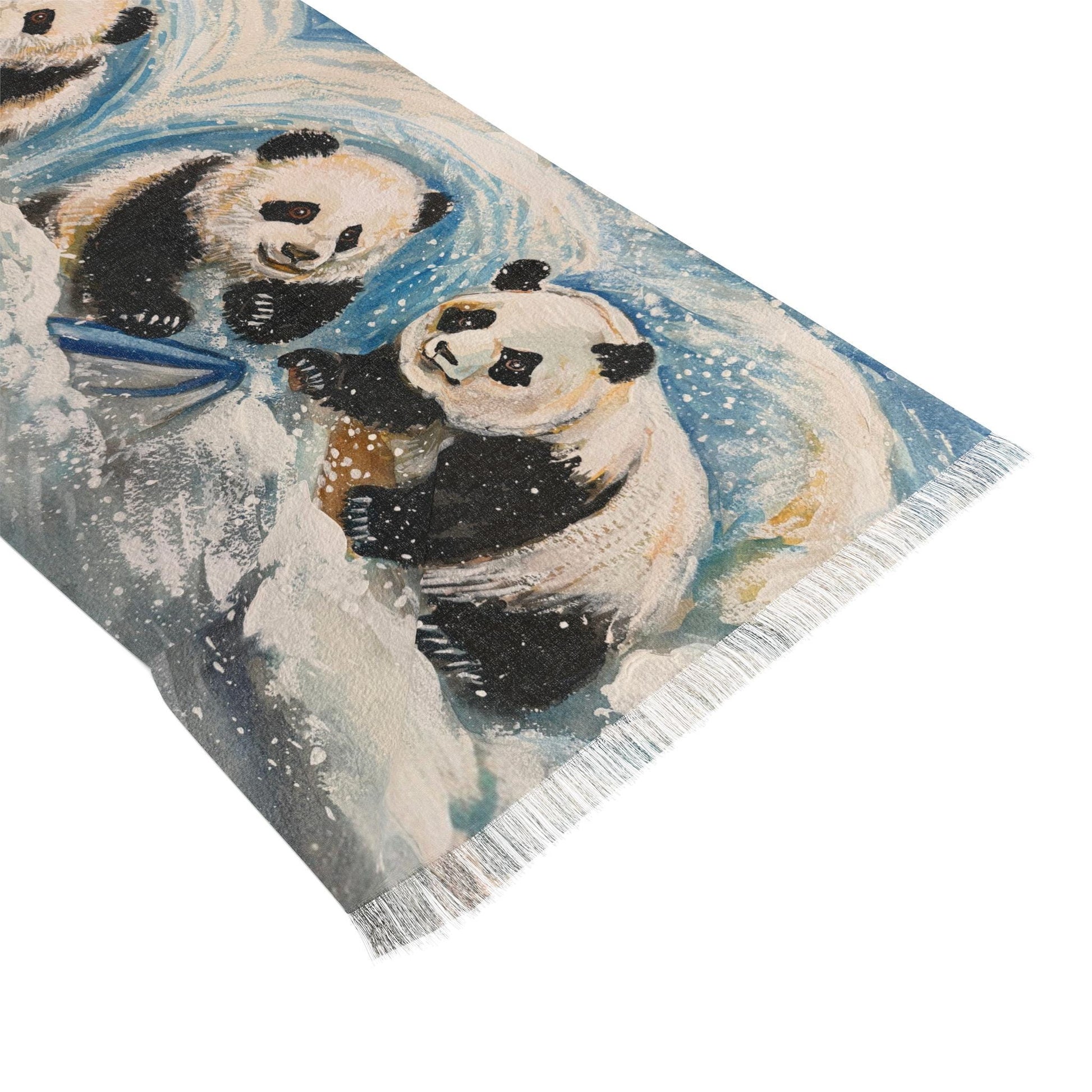 Whimsical Panda Light Scarf, Cute Animal Fashion Accessory, Fun Winter Wrap, Pandas Playing in Snow, Perfect Gift for Kids and Adults