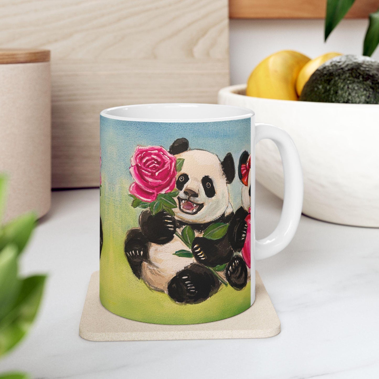 Cute Panda Rose and Heart Mug, Gift for Animal Lovers, Birthday Present, Floral Mug, Coffee Tea Lover Gift, Cute Kitchen Decor