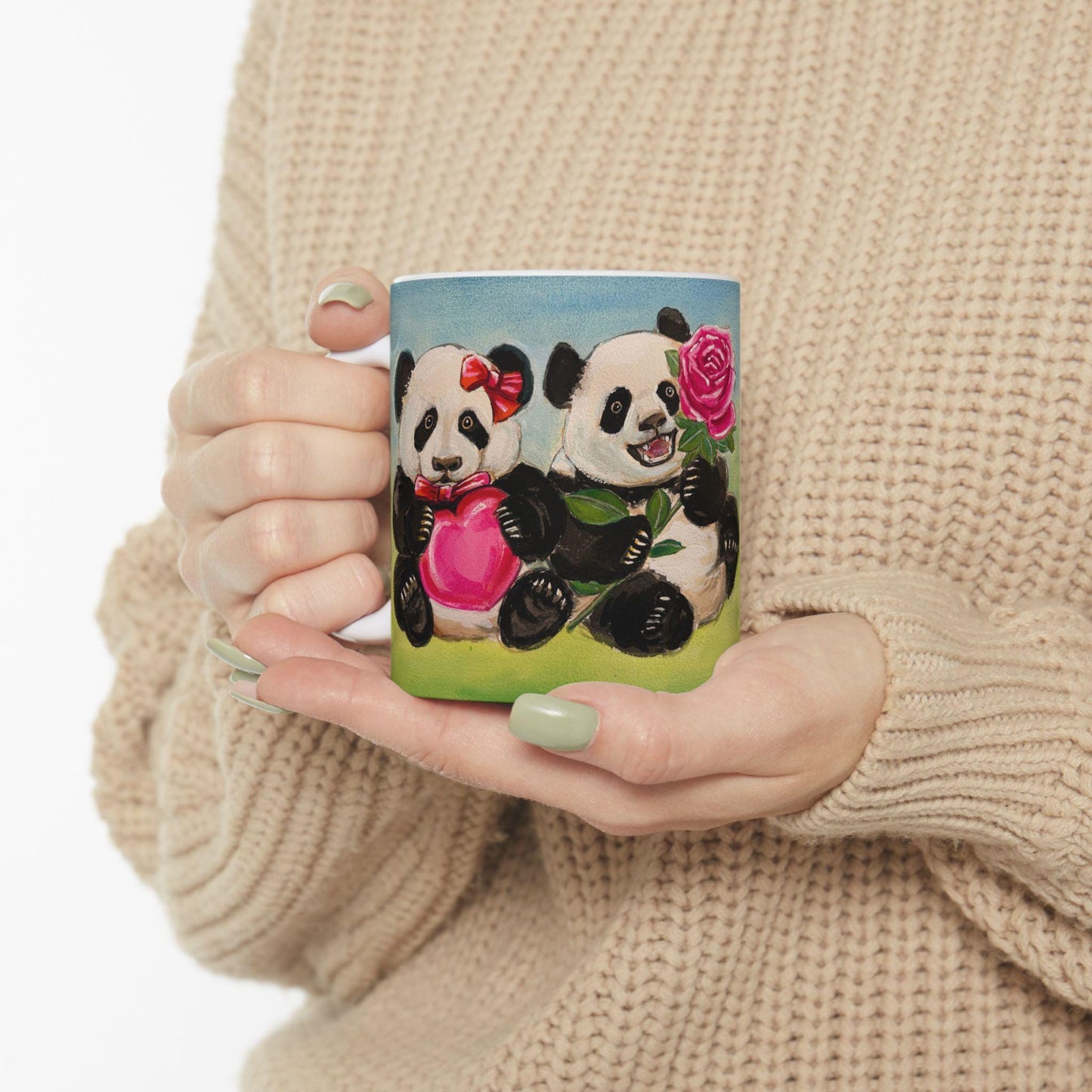 Cute Panda Rose and Heart Mug, Gift for Animal Lovers, Birthday Present, Floral Mug, Coffee Tea Lover Gift, Cute Kitchen Decor