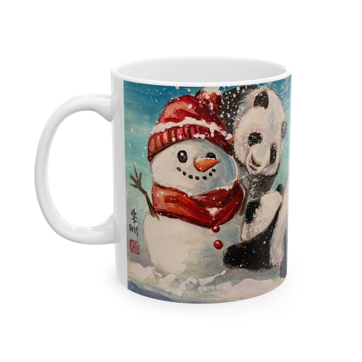 Whimsical Panda Ceramic Mug | Cute Animal Gifts for Tea and Coffee Lovers, Holiday Decor, Winter, Birthdays, Cozy Home, Panda Snowman Art