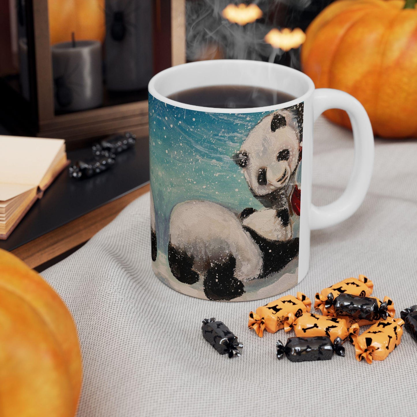 Whimsical Panda Ceramic Mug | Cute Animal Gifts for Tea and Coffee Lovers, Holiday Decor, Winter, Birthdays, Cozy Home, Panda Snowman Art
