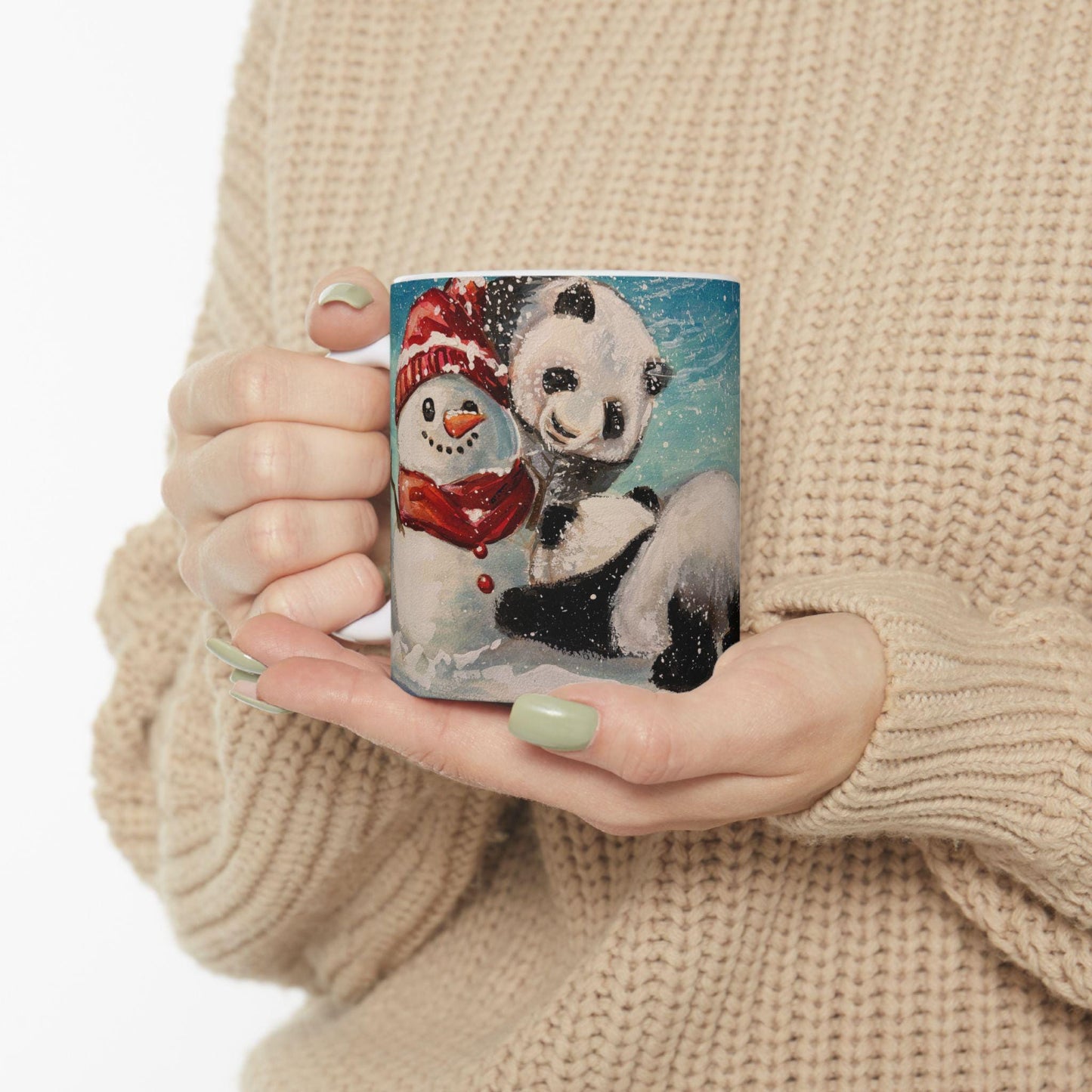 Whimsical Panda Ceramic Mug | Cute Animal Gifts for Tea and Coffee Lovers, Holiday Decor, Winter, Birthdays, Cozy Home, Panda Snowman Art