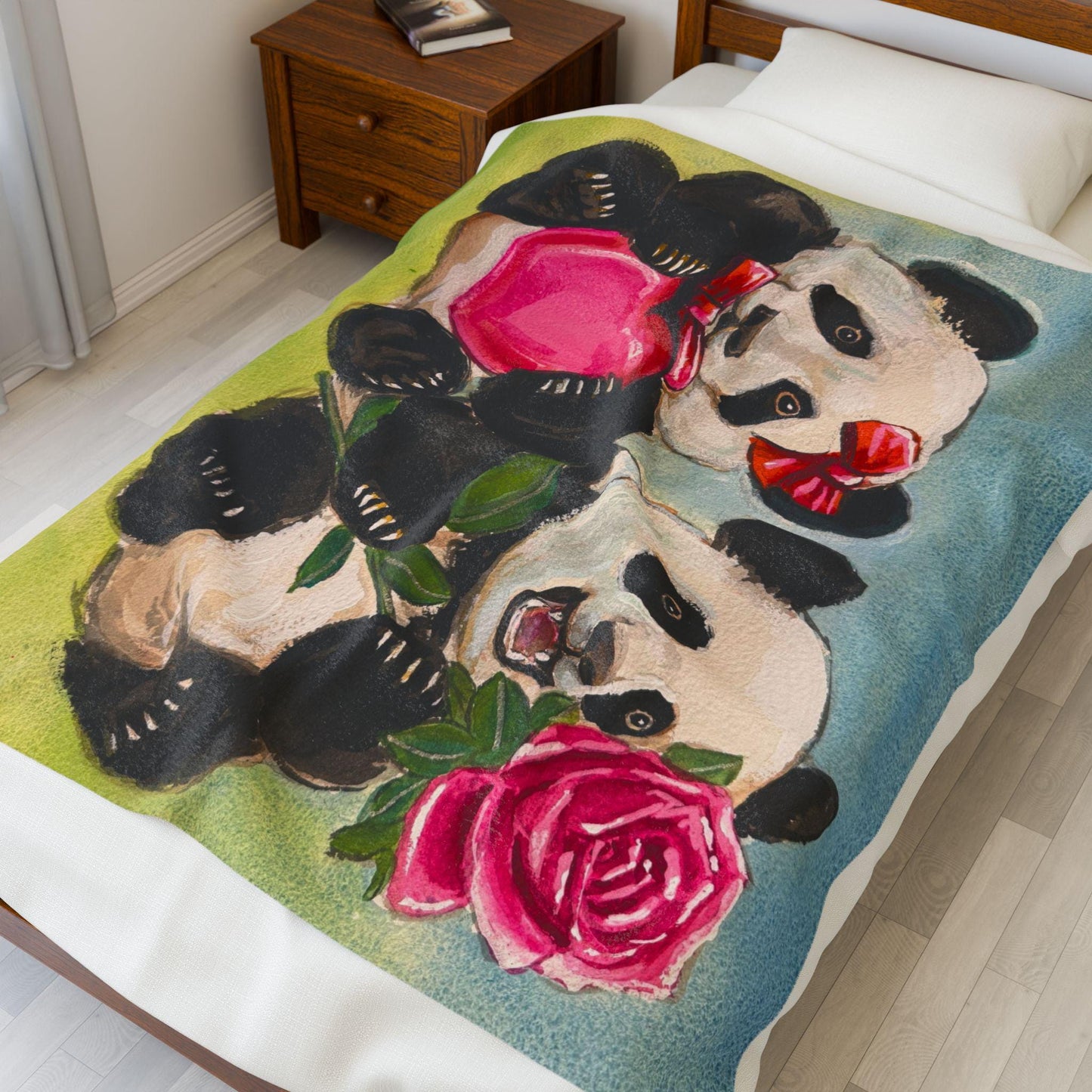 Cozy Panda Plush Blanket, Hearts, Roses, Kids Blanket, Cute Animal Decor, Gift for Children, Birthday Gift, Playroom Decor, Soft Throw