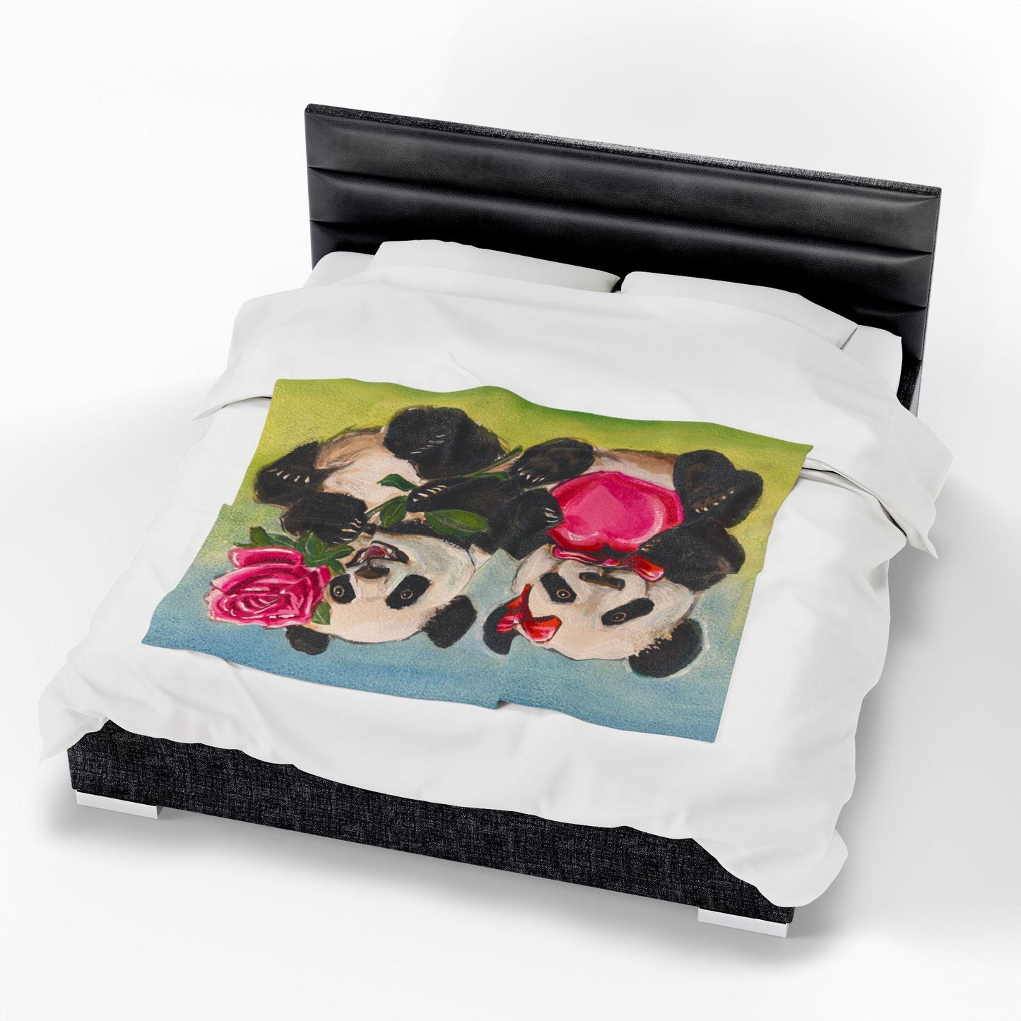 Cozy Panda Plush Blanket, Hearts, Roses, Kids Blanket, Cute Animal Decor, Gift for Children, Birthday Gift, Playroom Decor, Soft Throw