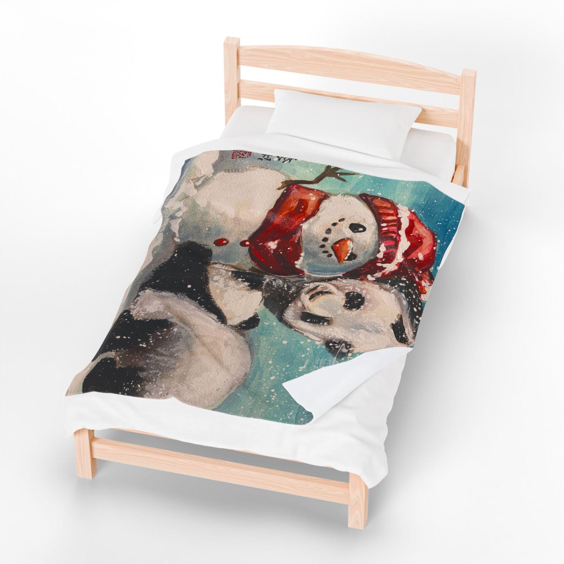 Cozy Winter Velveteen Plush Blanket with Snowman and Panda Design, Holiday Gift, Soft Throw for Home, Warm Snuggle Blanket, Christmas Decor