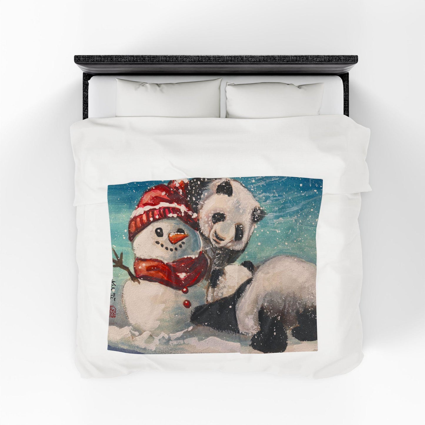 Cozy Winter Velveteen Plush Blanket with Snowman and Panda Design, Holiday Gift, Soft Throw for Home, Warm Snuggle Blanket, Christmas Decor