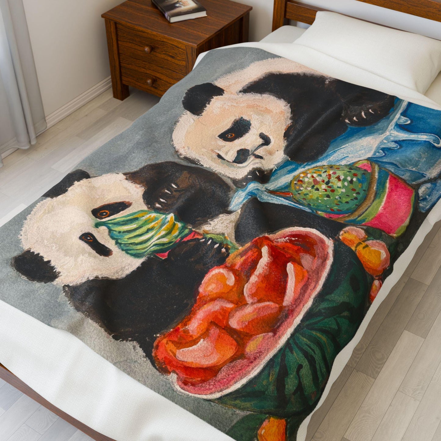 Cozy Pandas Velveteen Plush Blanket, Soft Throw, Ice cream Candy Design Home Decor, Gift for Kids, Nursery, Animal Lover Blanket