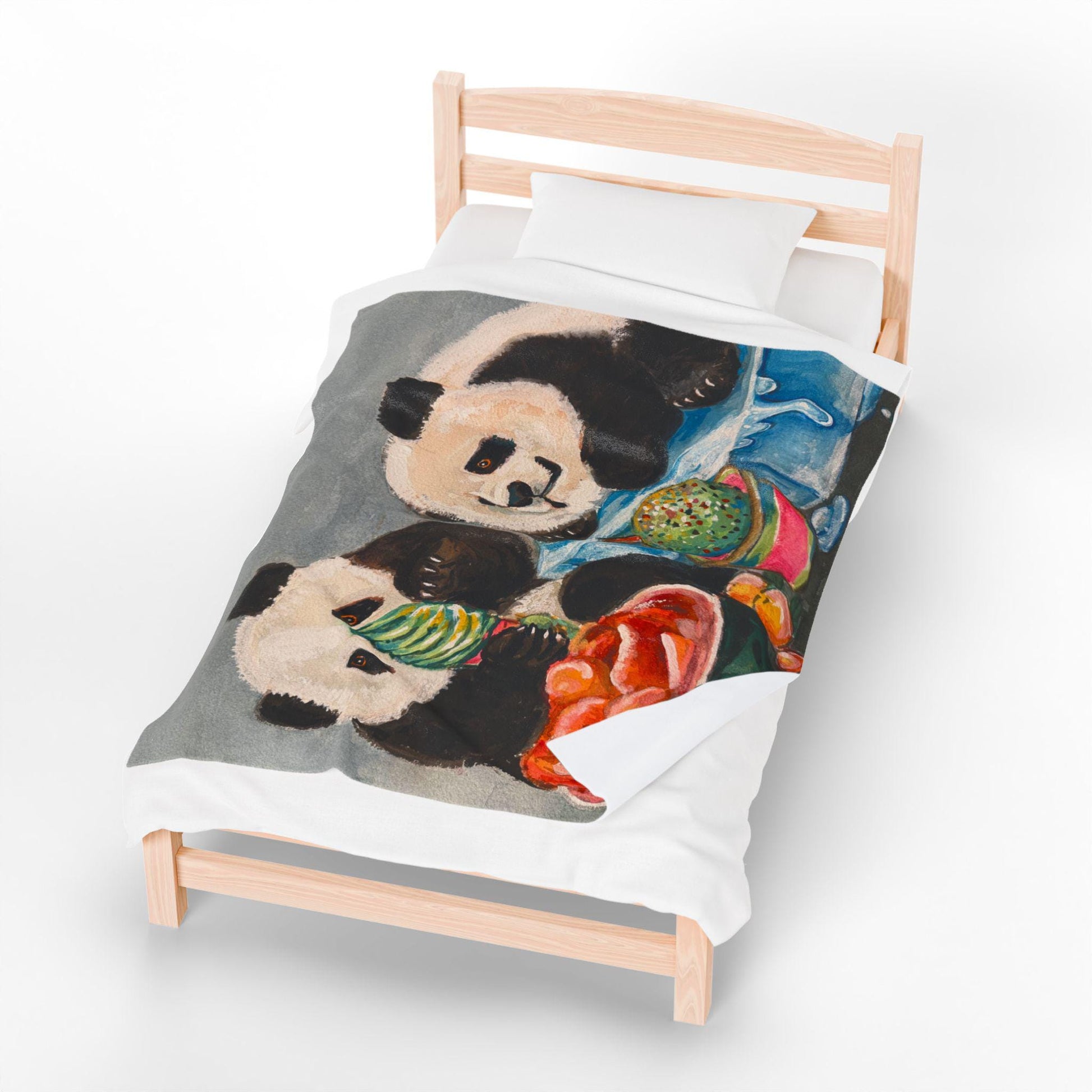 Cozy Pandas Velveteen Plush Blanket, Soft Throw, Ice cream Candy Design Home Decor, Gift for Kids, Nursery, Animal Lover Blanket