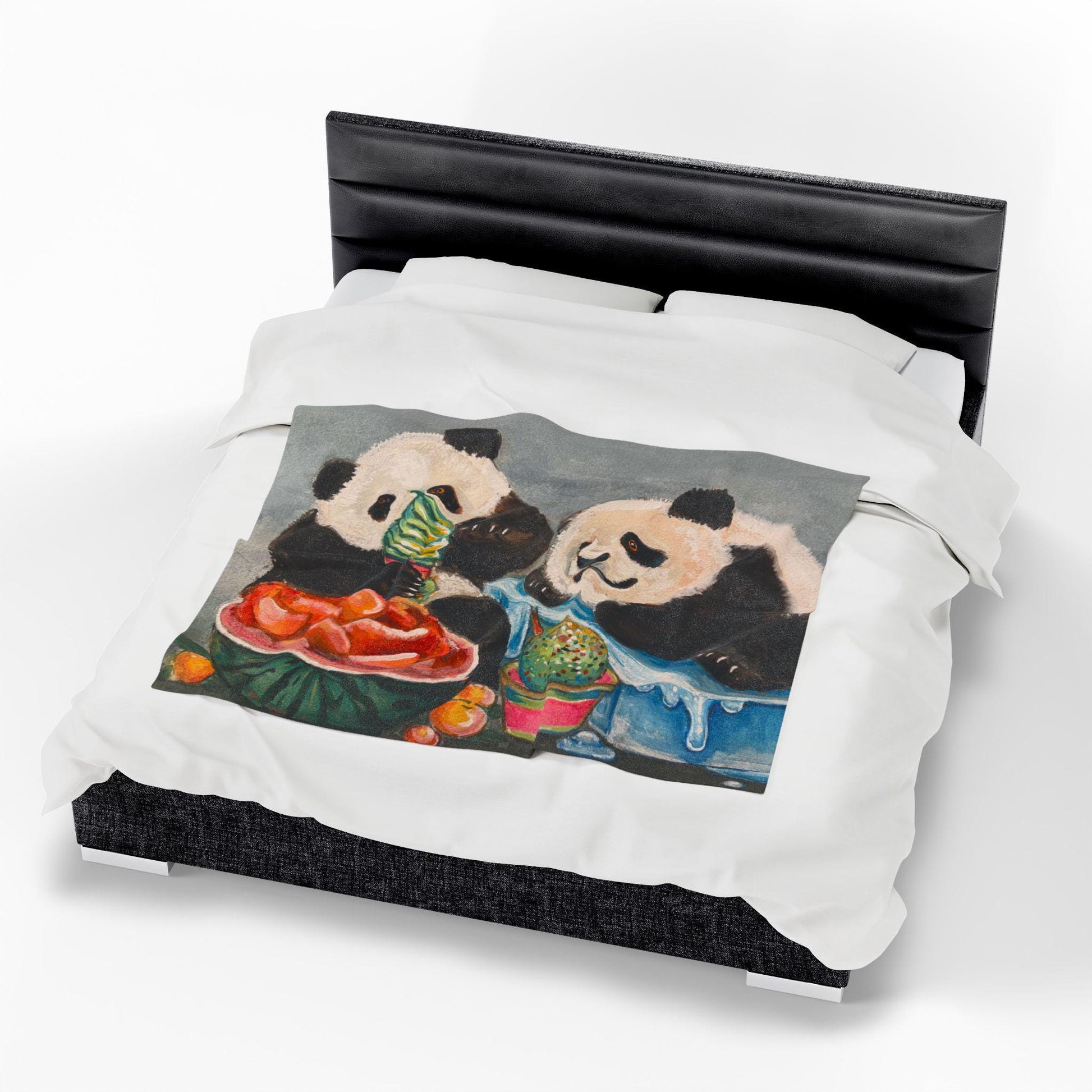 Cozy Pandas Velveteen Plush Blanket, Soft Throw, Ice cream Candy Design Home Decor, Gift for Kids, Nursery, Animal Lover Blanket