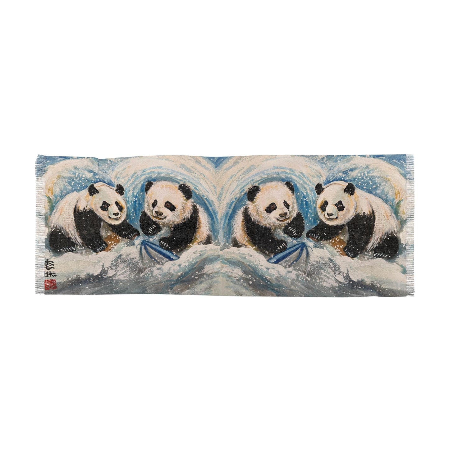 Whimsical Panda Light Scarf, Cute Animal Fashion Accessory, Fun Winter Wrap, Pandas Playing in Snow, Perfect Gift for Kids and Adults