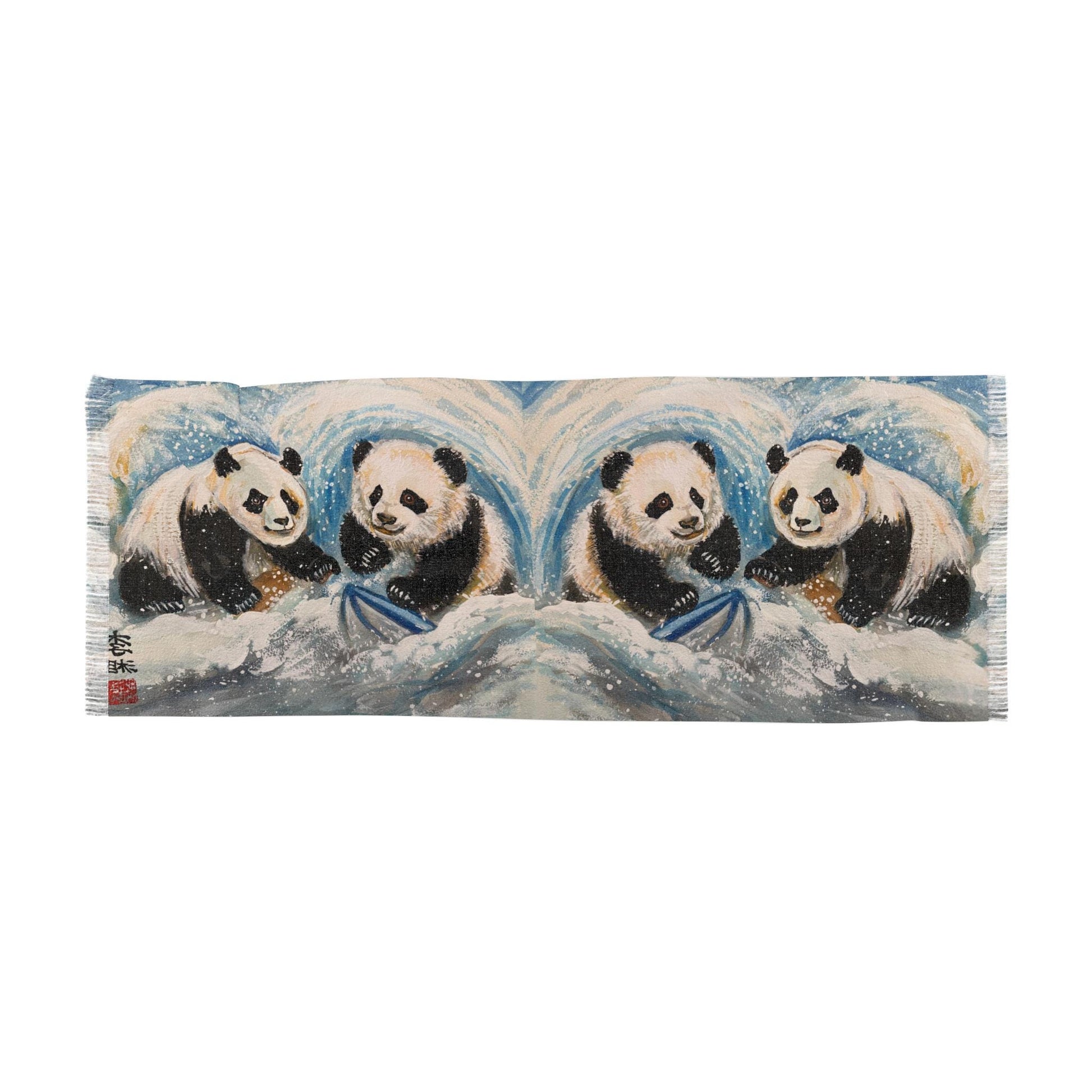 Whimsical Panda Light Scarf, Cute Animal Fashion Accessory, Fun Winter Wrap, Pandas Playing in Snow, Perfect Gift for Kids and Adults