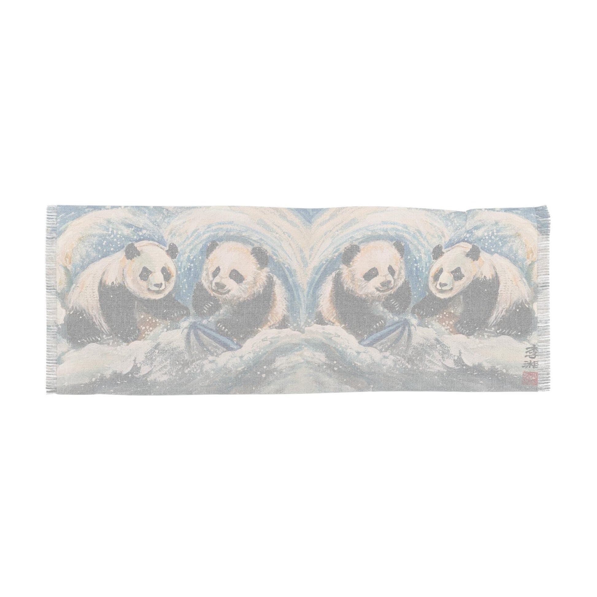 Whimsical Panda Light Scarf, Cute Animal Fashion Accessory, Fun Winter Wrap, Pandas Playing in Snow, Perfect Gift for Kids and Adults