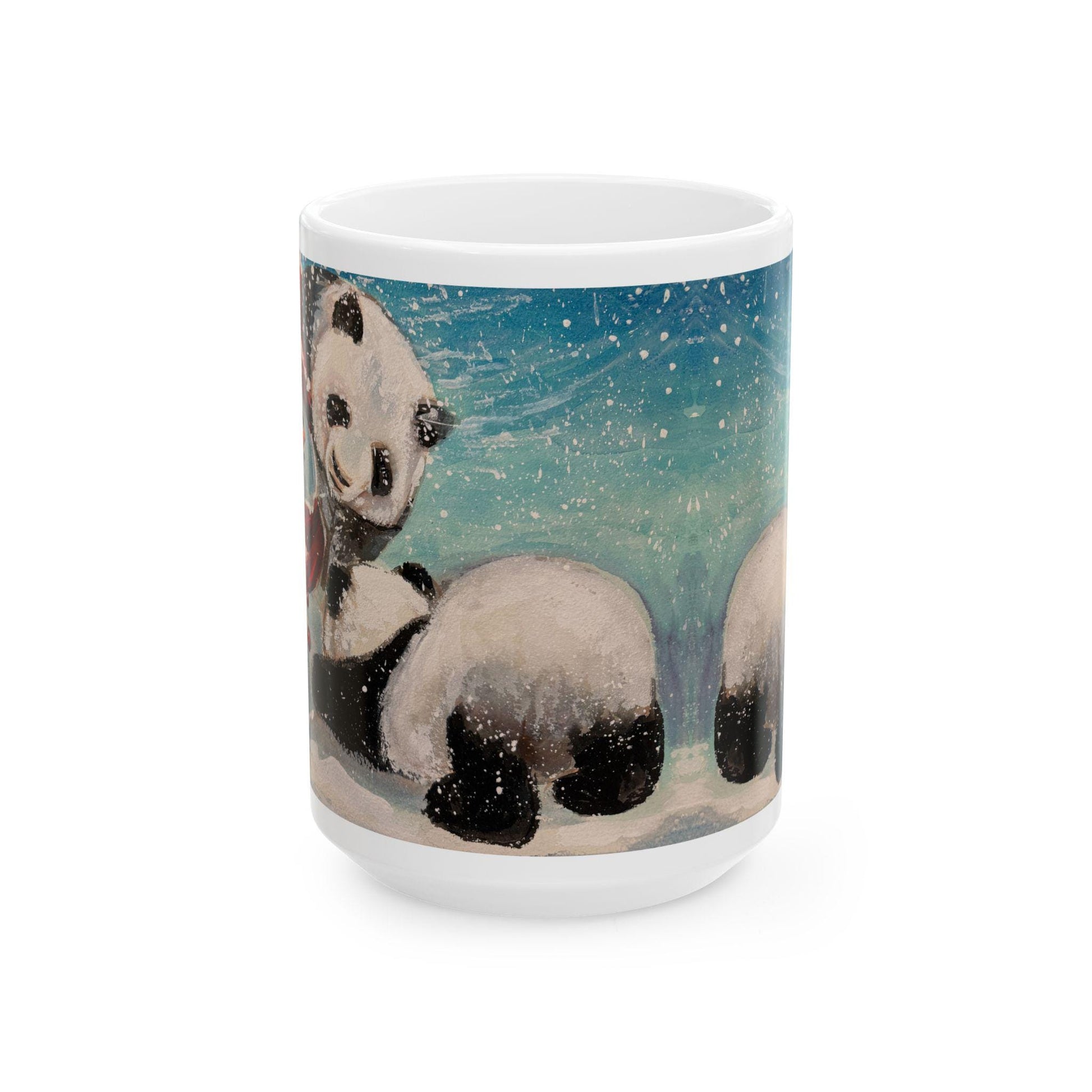 Whimsical Panda Ceramic Mug | Cute Animal Gifts for Tea and Coffee Lovers, Holiday Decor, Winter, Birthdays, Cozy Home, Panda Snowman Art