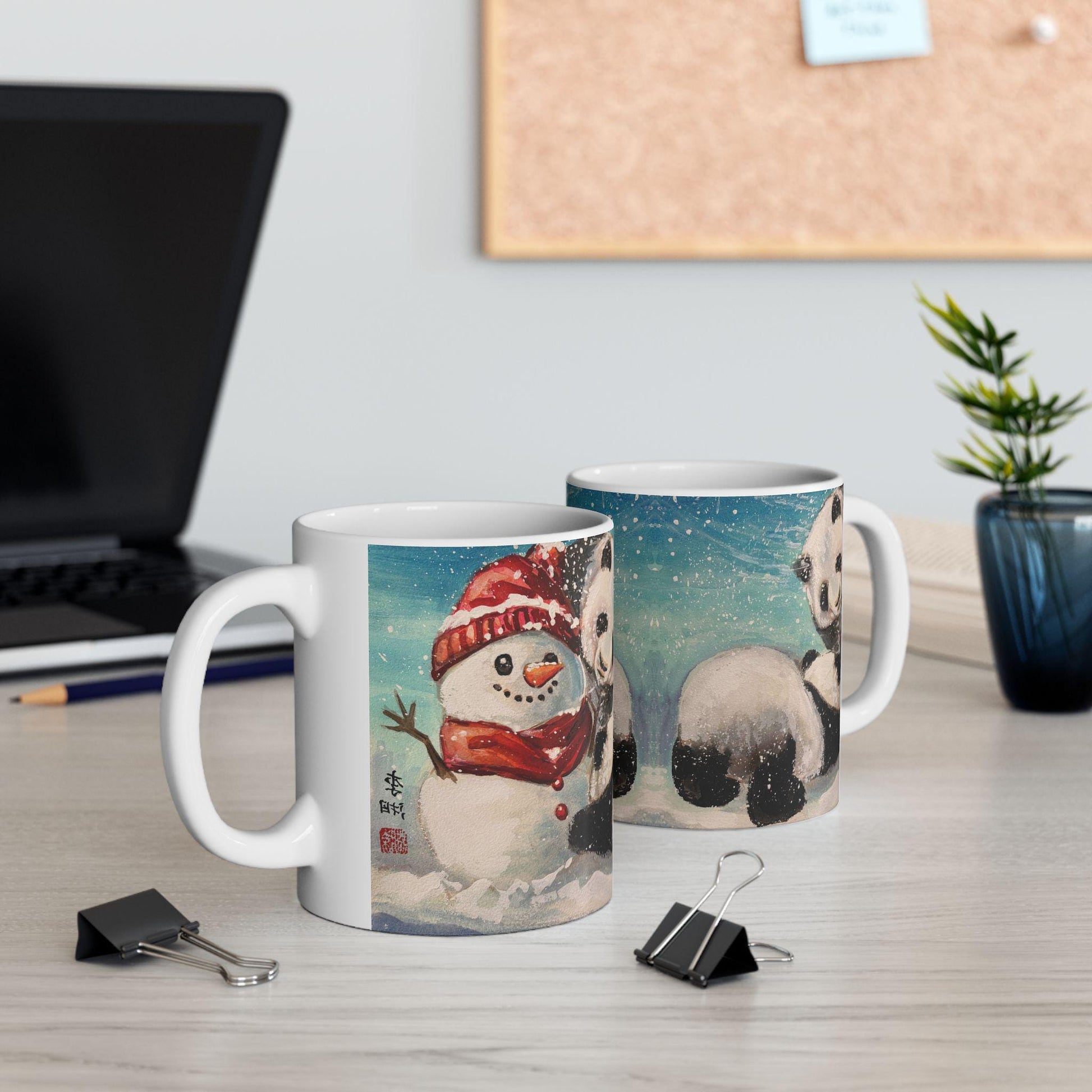 Whimsical Panda Ceramic Mug | Cute Animal Gifts for Tea and Coffee Lovers, Holiday Decor, Winter, Birthdays, Cozy Home, Panda Snowman Art