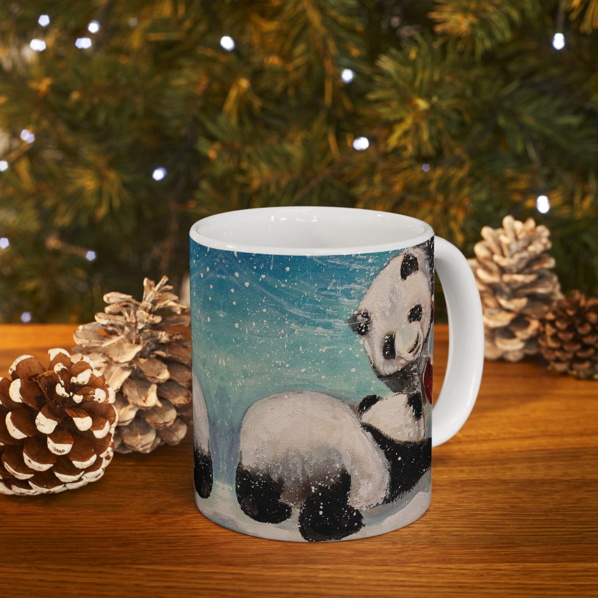 Whimsical Panda Ceramic Mug | Cute Animal Gifts for Tea and Coffee Lovers, Holiday Decor, Winter, Birthdays, Cozy Home, Panda Snowman Art