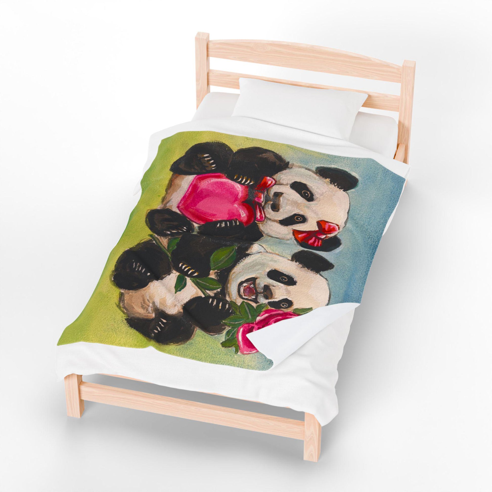 Cozy Panda Plush Blanket, Hearts, Roses, Kids Blanket, Cute Animal Decor, Gift for Children, Birthday Gift, Playroom Decor, Soft Throw