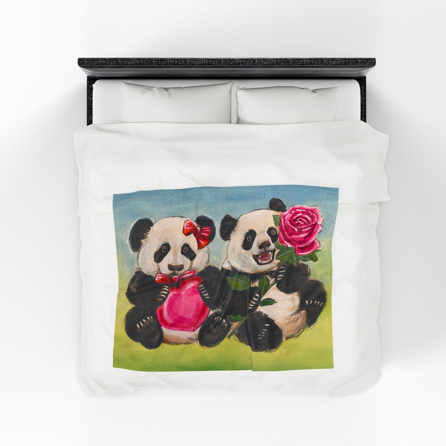 Cozy Panda Plush Blanket, Hearts, Roses, Kids Blanket, Cute Animal Decor, Gift for Children, Birthday Gift, Playroom Decor, Soft Throw