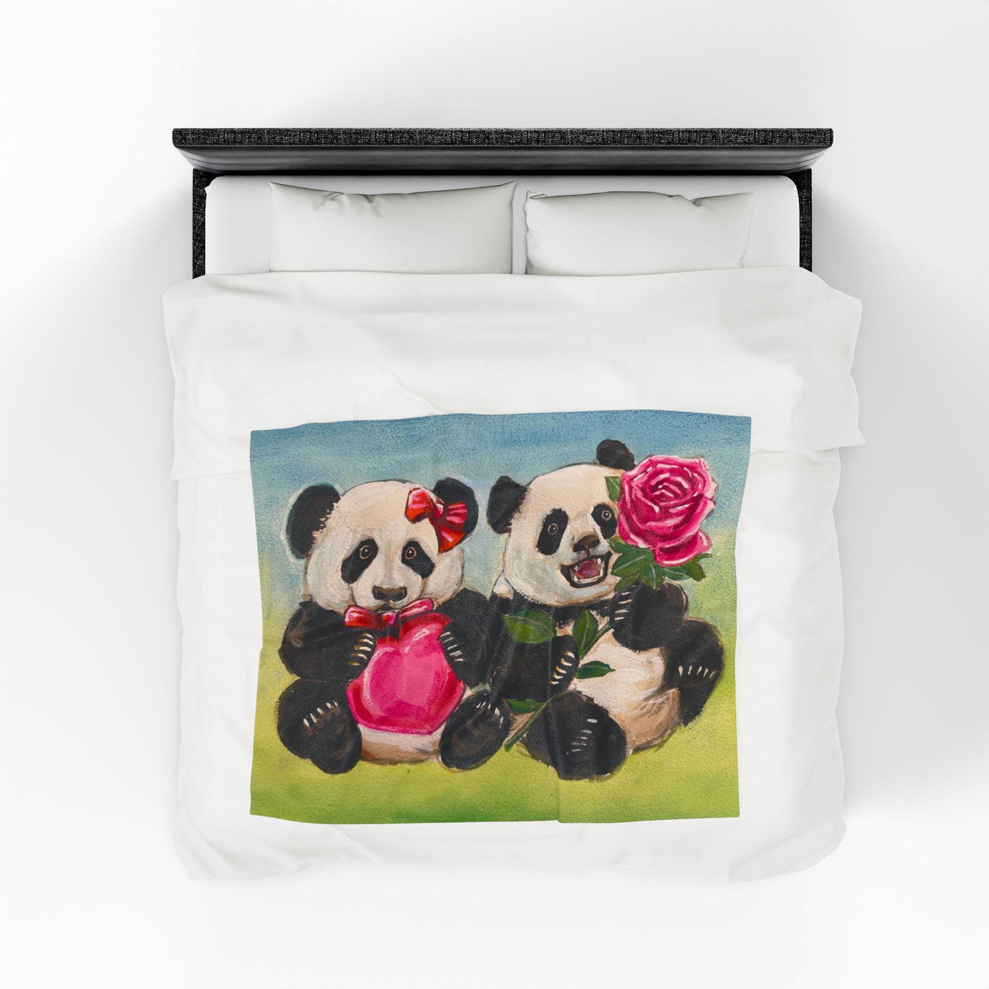 Cozy Panda Plush Blanket, Hearts, Roses, Kids Blanket, Cute Animal Decor, Gift for Children, Birthday Gift, Playroom Decor, Soft Throw