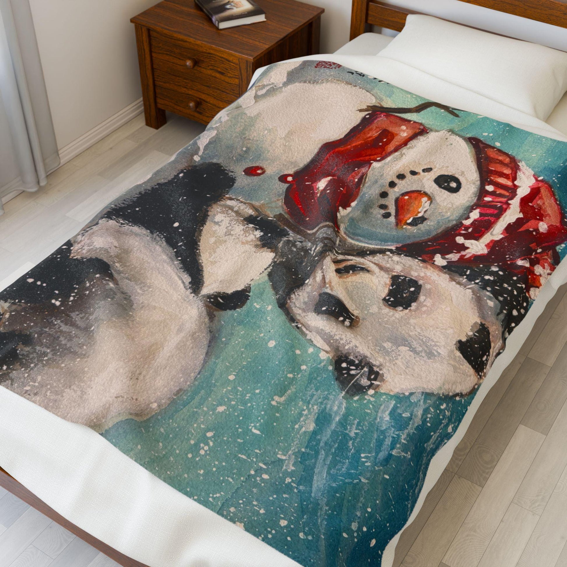 Cozy Winter Velveteen Plush Blanket with Snowman and Panda Design, Holiday Gift, Soft Throw for Home, Warm Snuggle Blanket, Christmas Decor