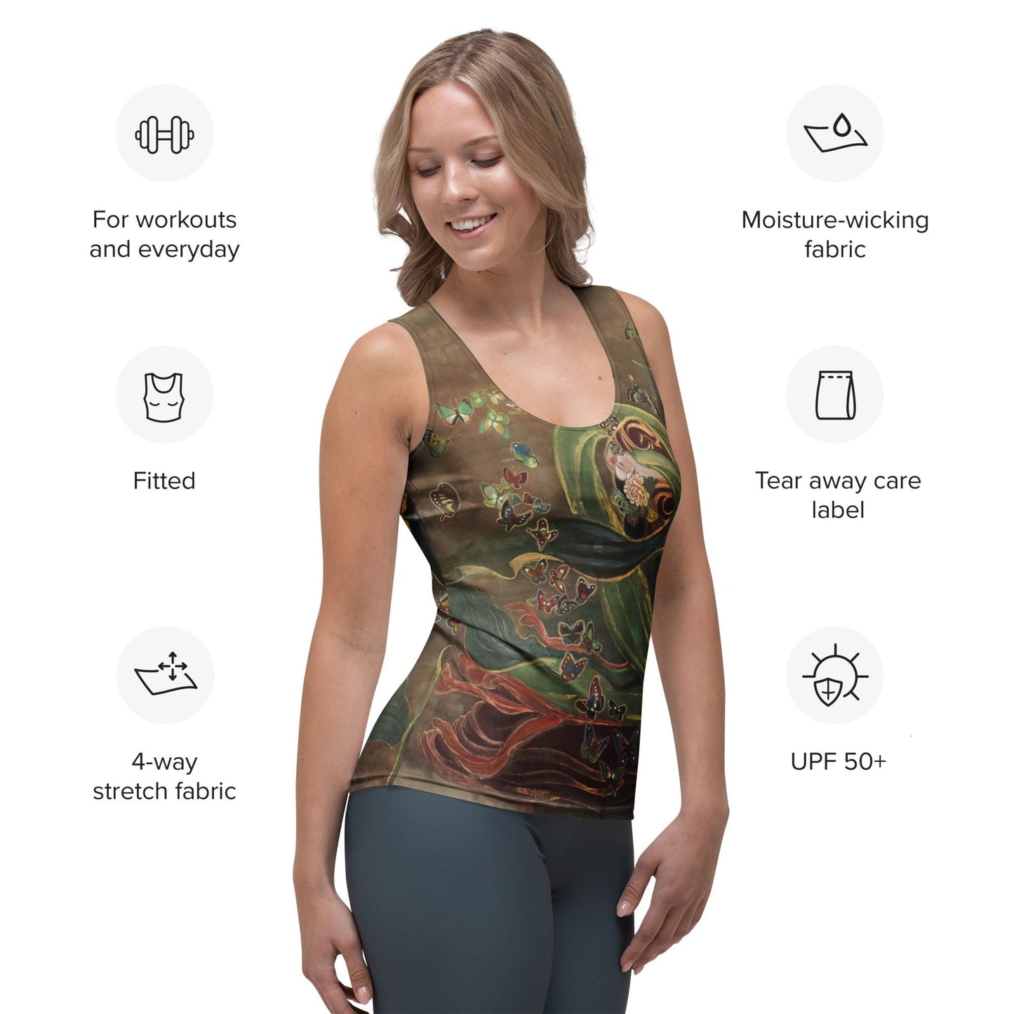 Empress and Butterflies in the garden, Sublimation Cut & Sew Tank Top, Watercolor painting print, elegant, chic, gift idea for her