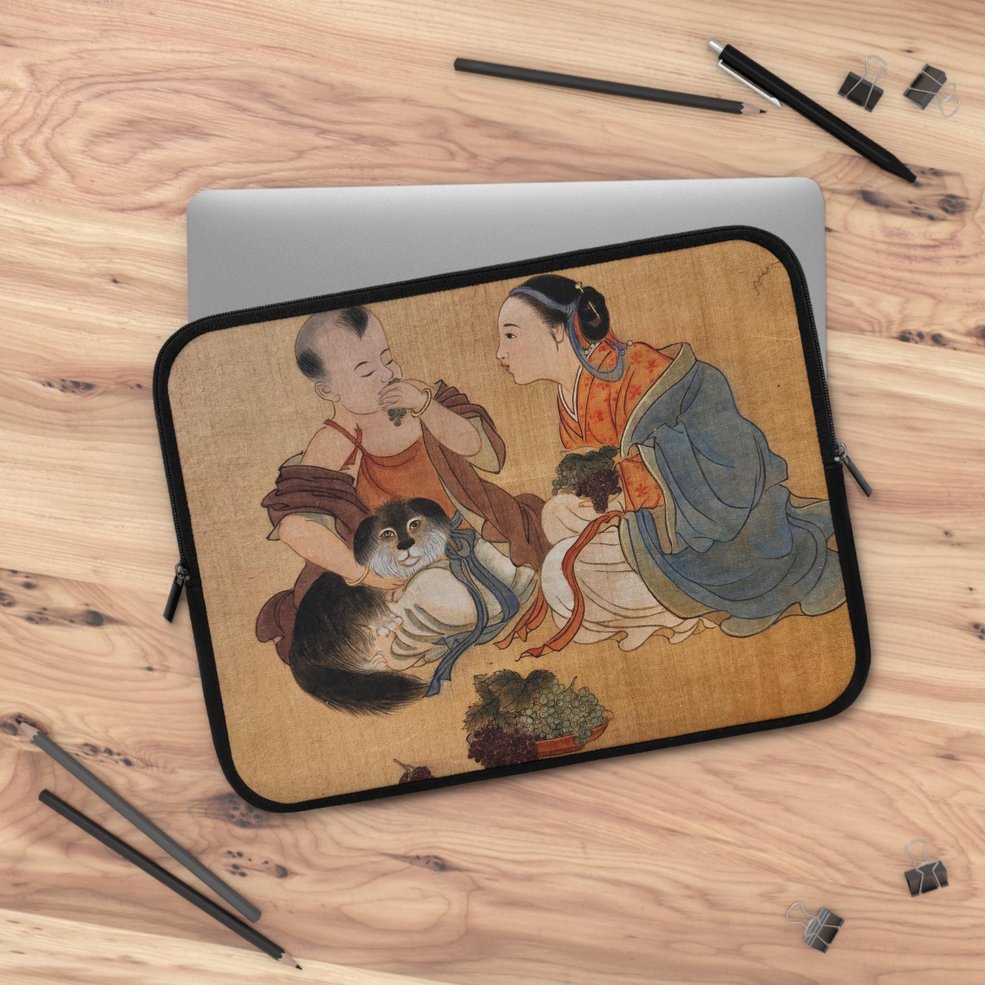 Chinese Watercolor Children with Pet, Laptop Sleeve, Protective Case for laptops and digital devices, Artistic Cover, Cultural Gift, 5 sizes