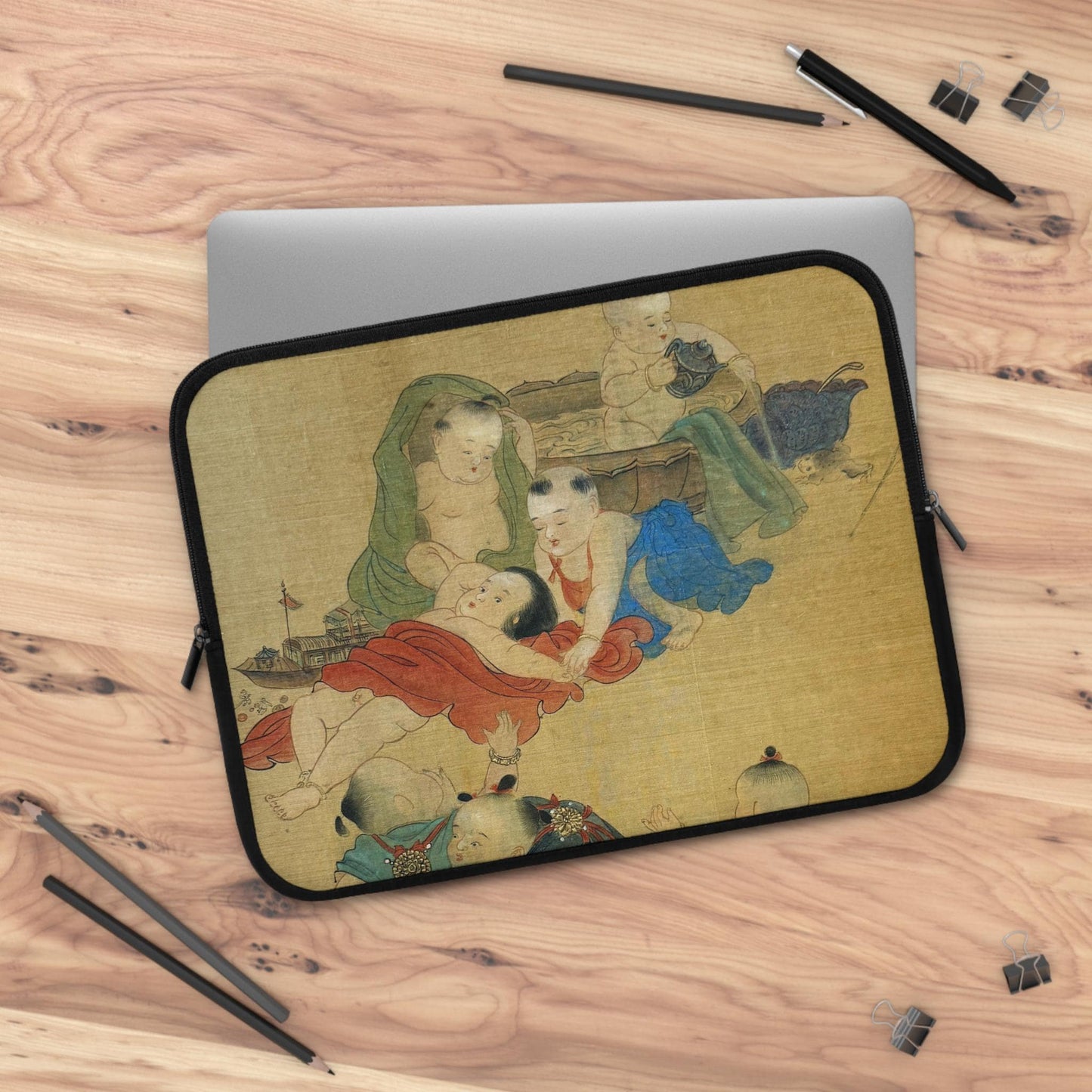 Chinese Watercolor of Babies Playing Laptop Sleeve, Protective Case for laptops and digital devices, Artistic Cover, available in 5 sizes
