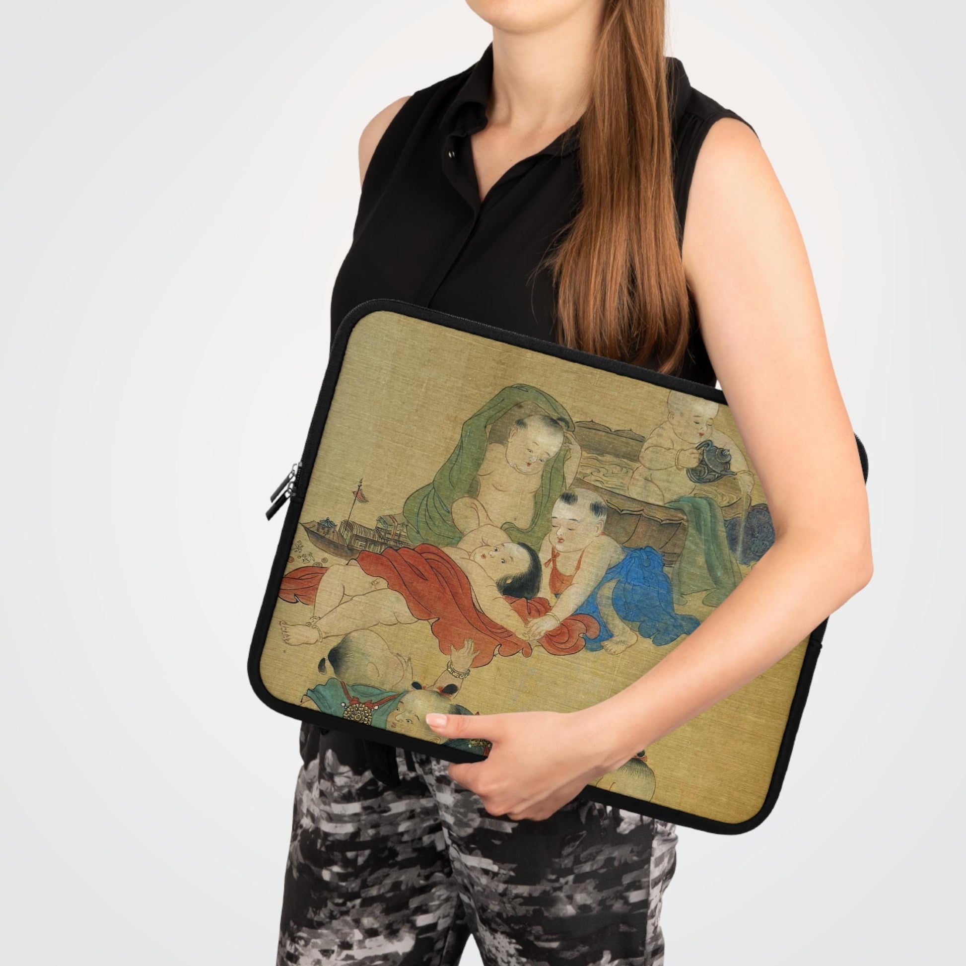 Chinese Watercolor of Babies Playing Laptop Sleeve, Protective Case for laptops and digital devices, Artistic Cover, available in 5 sizes