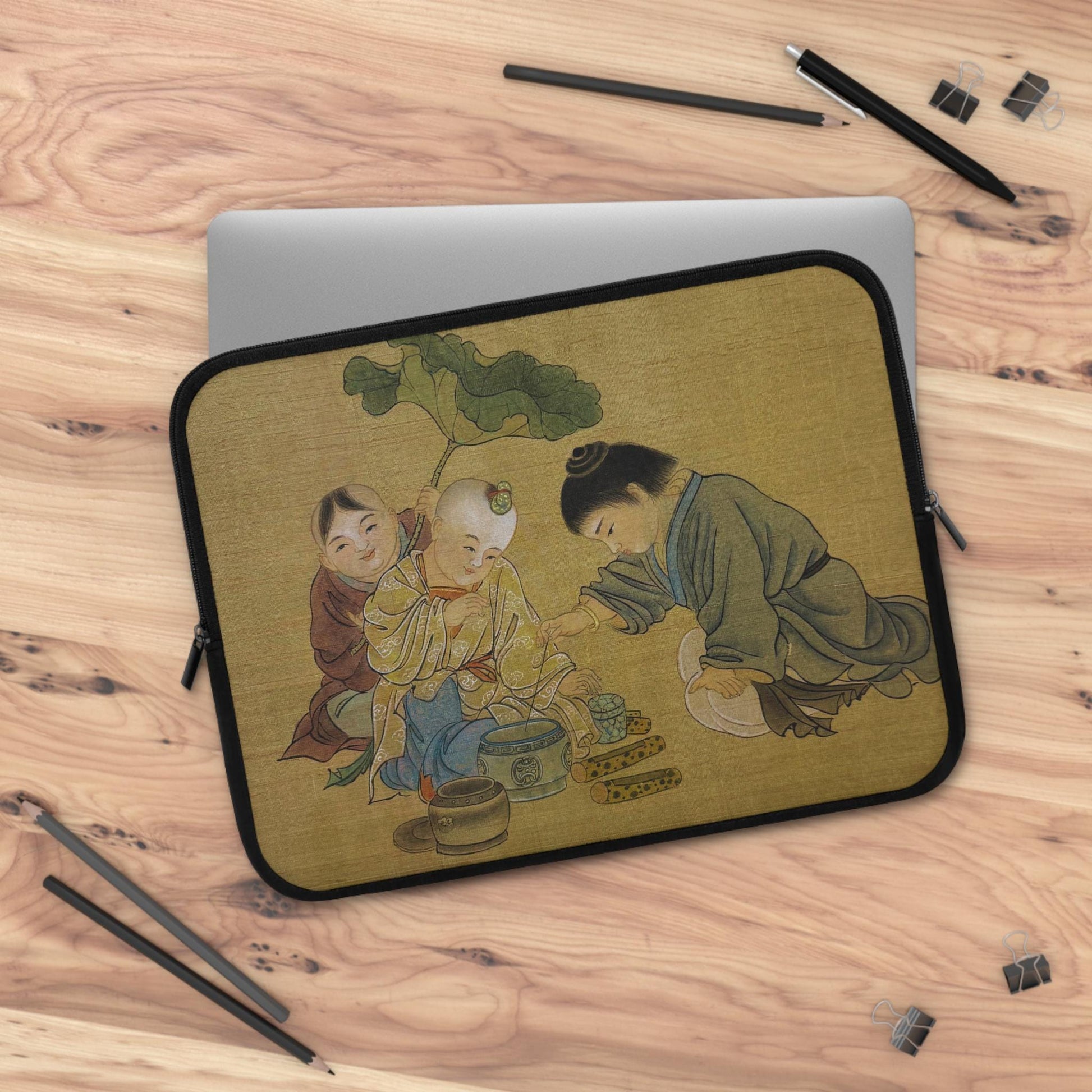 Laptop Sleeve, Chinese Watercolor Children Playing Touhu (Pots and Sticks) game, Protective Case for laptops and digital devices, Artsy Case