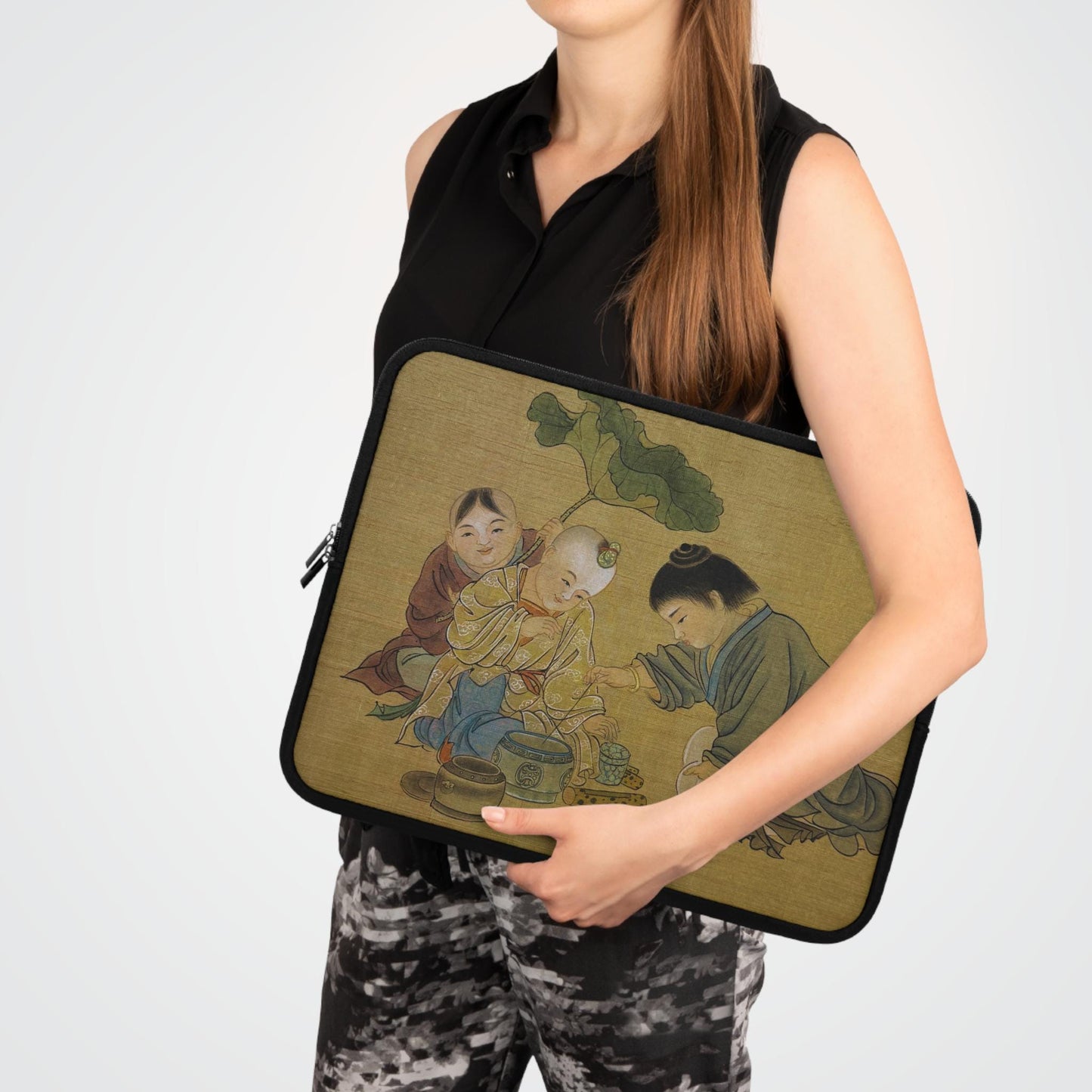 Laptop Sleeve, Chinese Watercolor Children Playing Touhu (Pots and Sticks) game, Protective Case for laptops and digital devices, Artsy Case