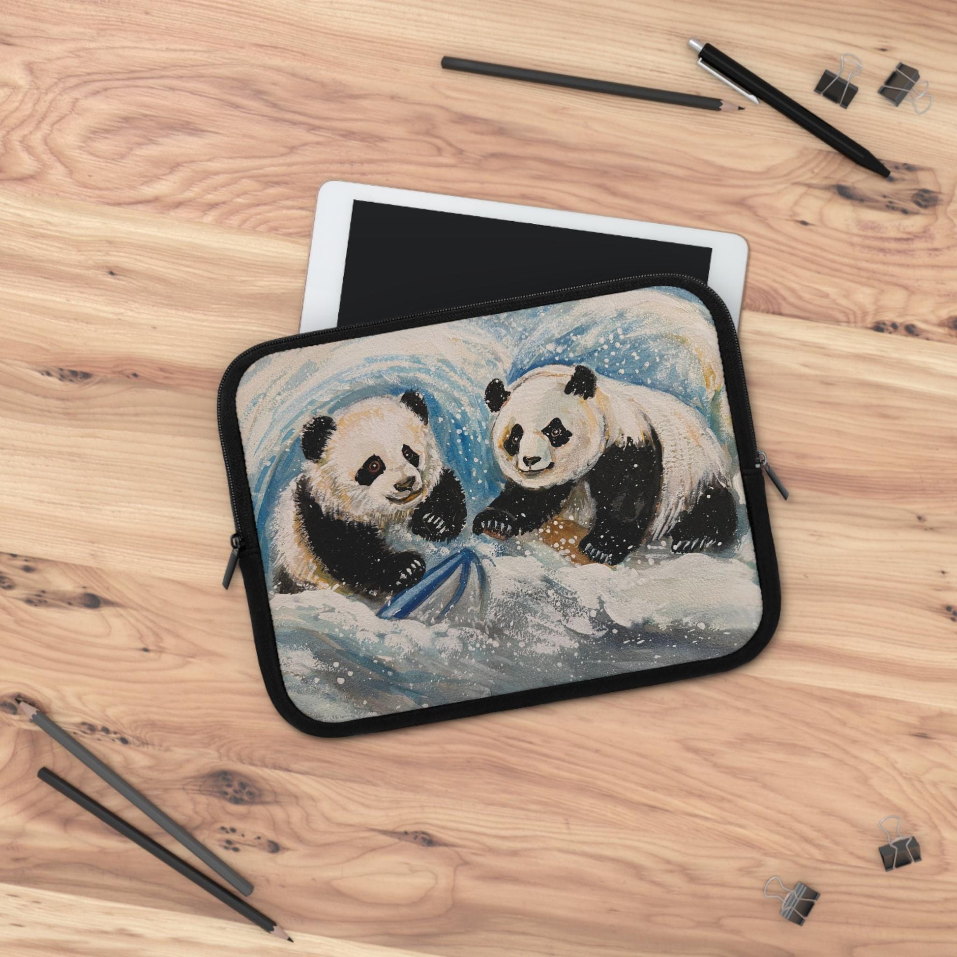 Cute Pandas Playing in Snow Laptop Sleeve, Art by Xiang Li, Adorable Tech Case, Gift for Students, Back to School, Animal Lover Gift