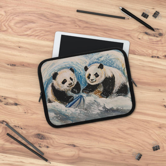 Cute Pandas Playing in Snow Laptop Sleeve, Art by Xiang Li, Adorable Tech Case, Gift for Students, Back to School, Animal Lover Gift