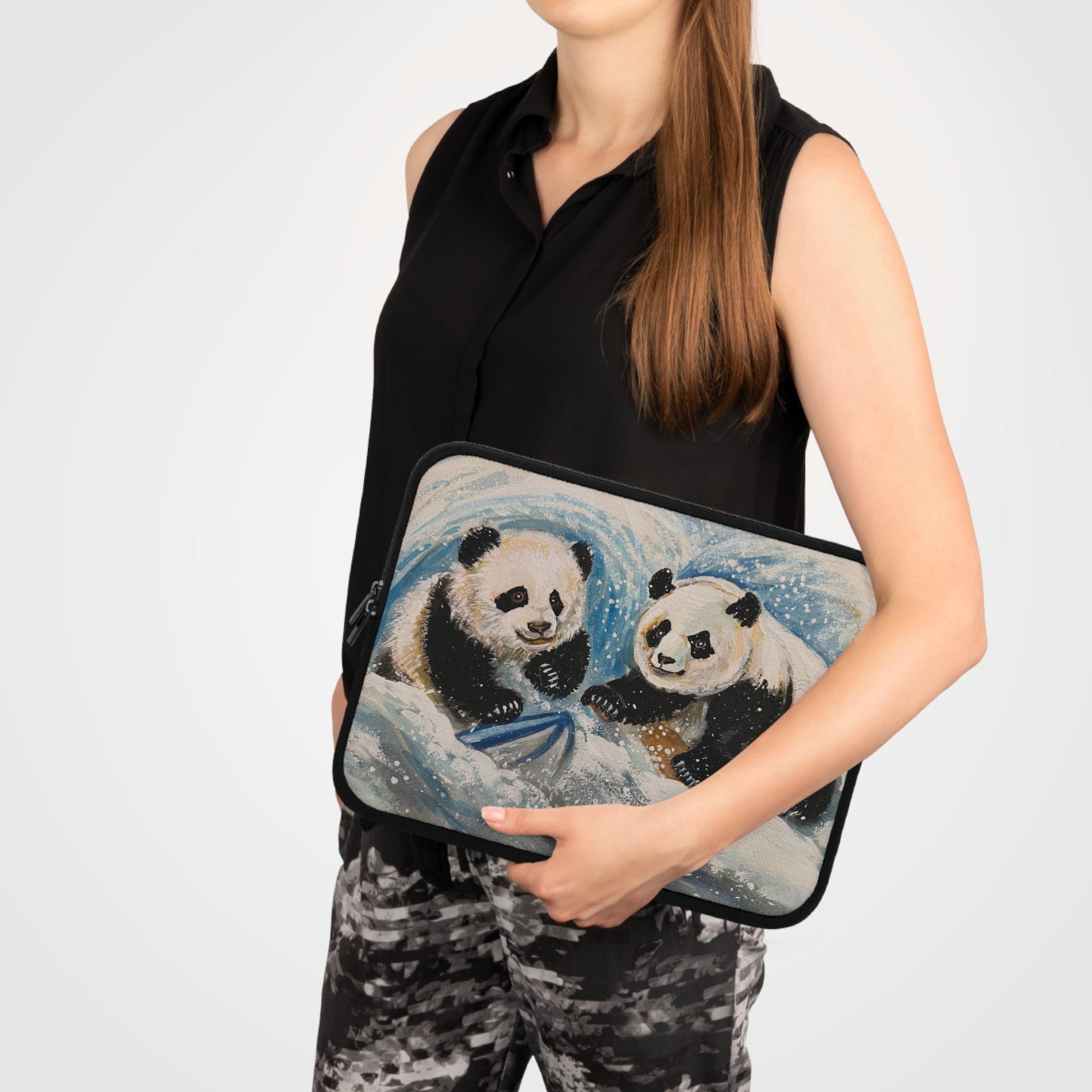 Cute Pandas Playing in Snow Laptop Sleeve, Art by Xiang Li, Adorable Tech Case, Gift for Students, Back to School, Animal Lover Gift