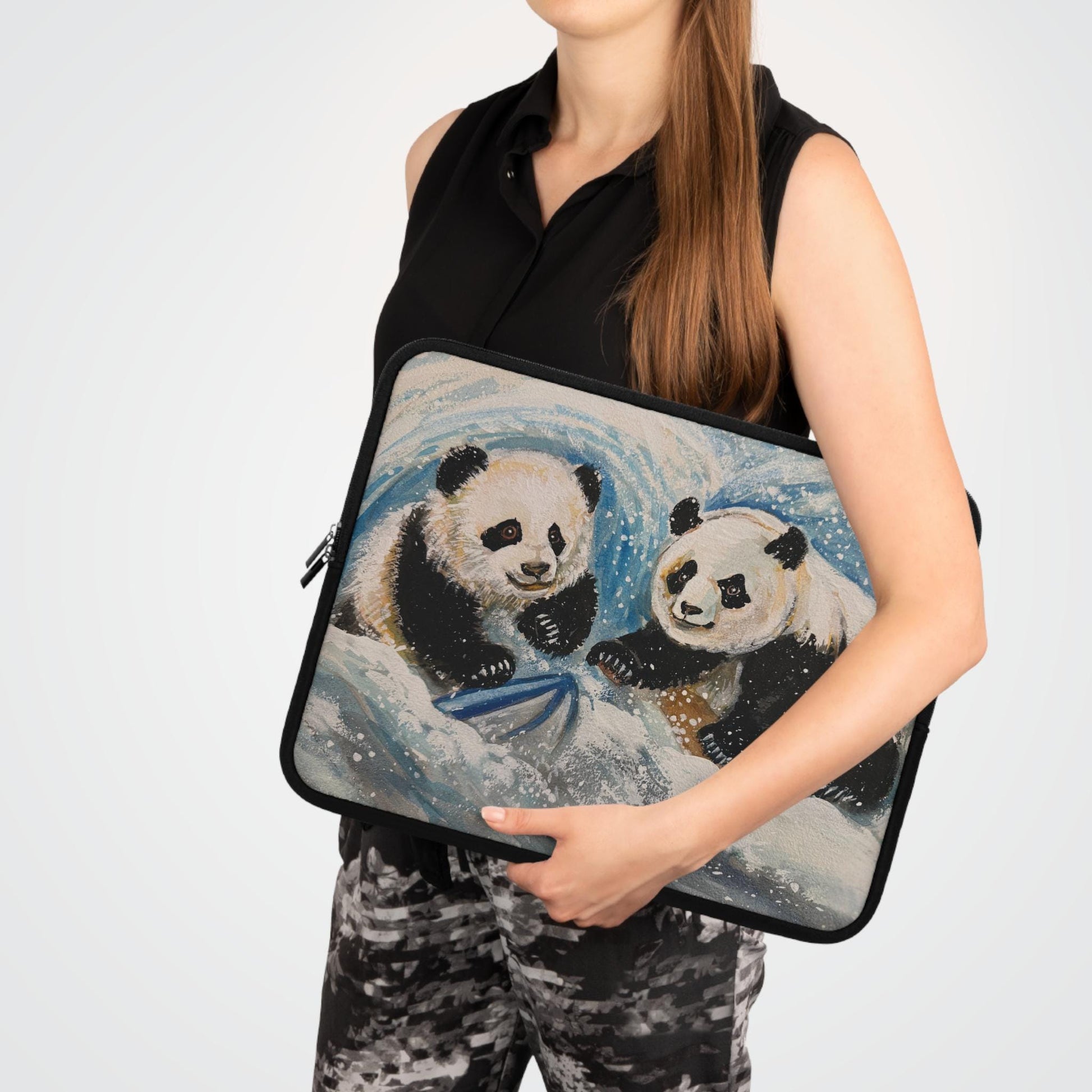 Cute Pandas Playing in Snow Laptop Sleeve, Art by Xiang Li, Adorable Tech Case, Gift for Students, Back to School, Animal Lover Gift
