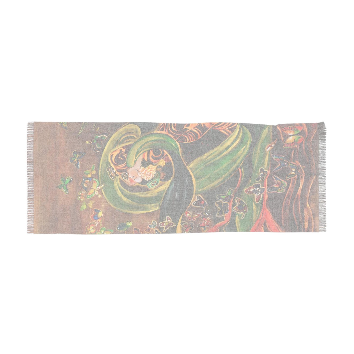 Jin Empress and Butterflies Light Scarf, Print of Chinese Watercolor Painting on Silk, Art by artist Xiang Li
