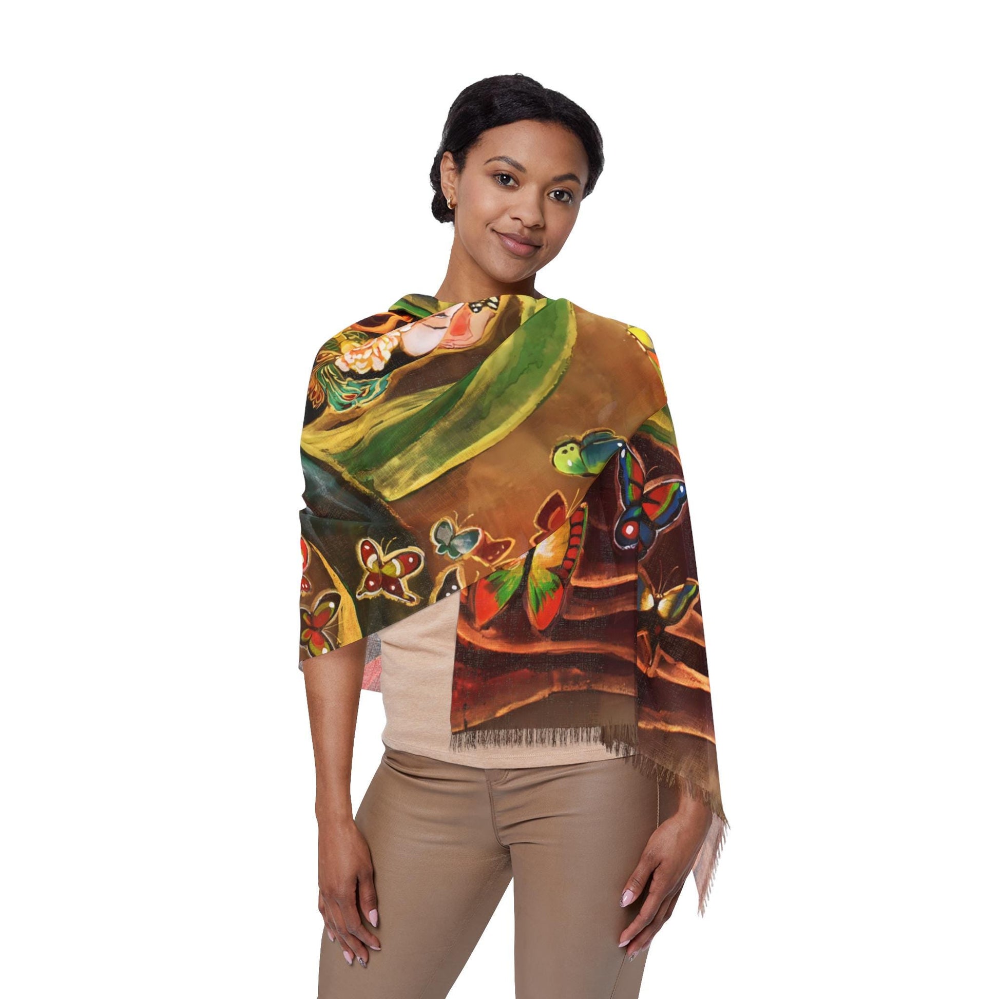 Jin Empress and Butterflies Light Scarf, Print of Chinese Watercolor Painting on Silk, Art by artist Xiang Li