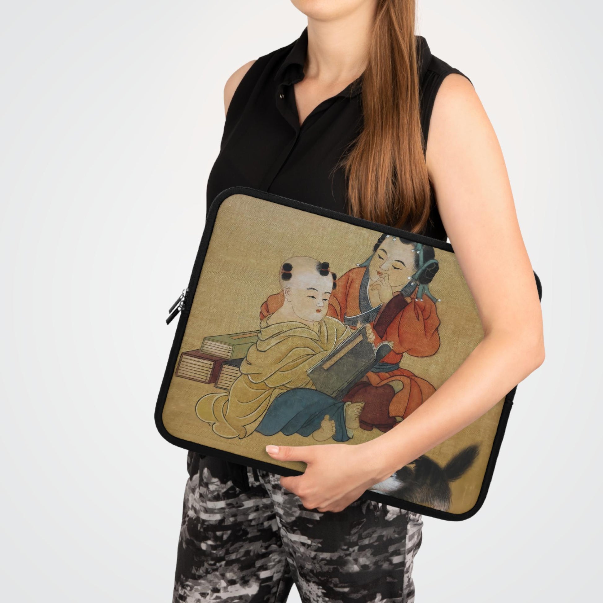 Laptop Sleeve with Chinese Watercolor Art, Children with Cat, Protective Case for laptops and digital devices, Artistic Cover, 4 sizes