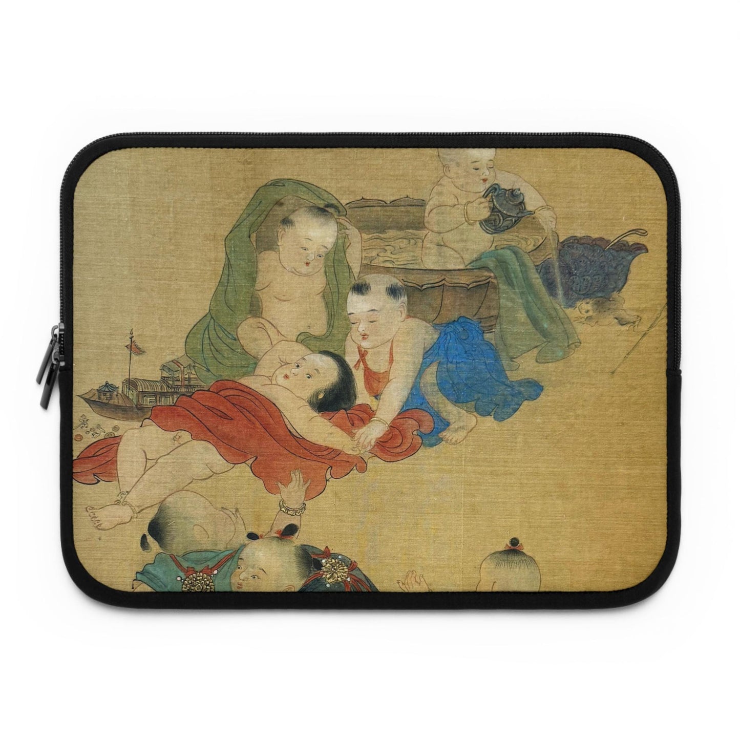 Chinese Watercolor of Babies Playing Laptop Sleeve, Protective Case for laptops and digital devices, Artistic Cover, available in 5 sizes