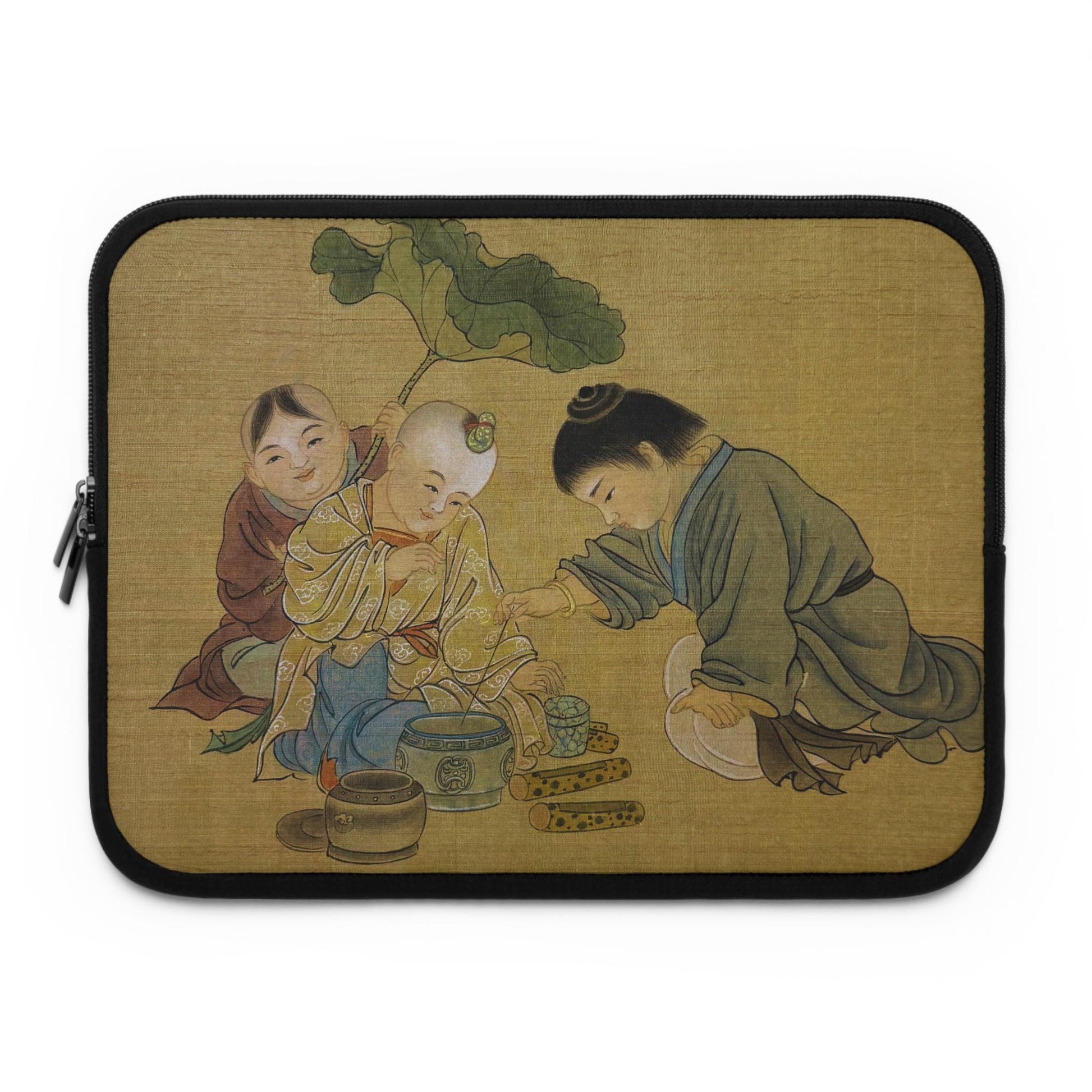 Laptop Sleeve, Chinese Watercolor Children Playing Touhu (Pots and Sticks) game, Protective Case for laptops and digital devices, Artsy Case