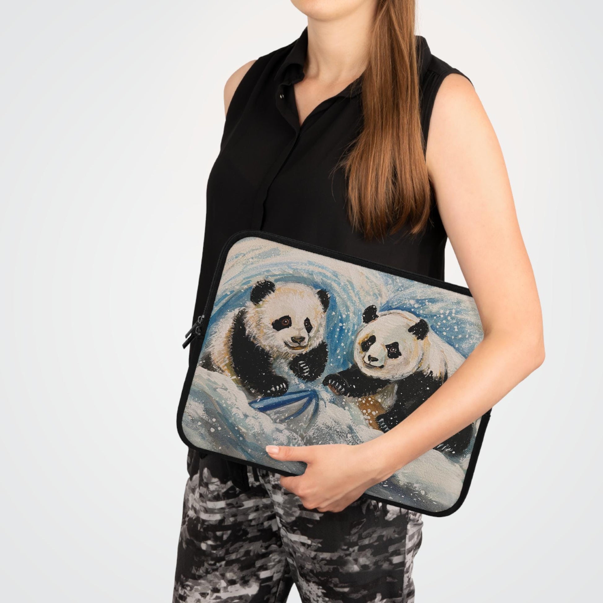 Cute Pandas Playing in Snow Laptop Sleeve, Art by Xiang Li, Adorable Tech Case, Gift for Students, Back to School, Animal Lover Gift