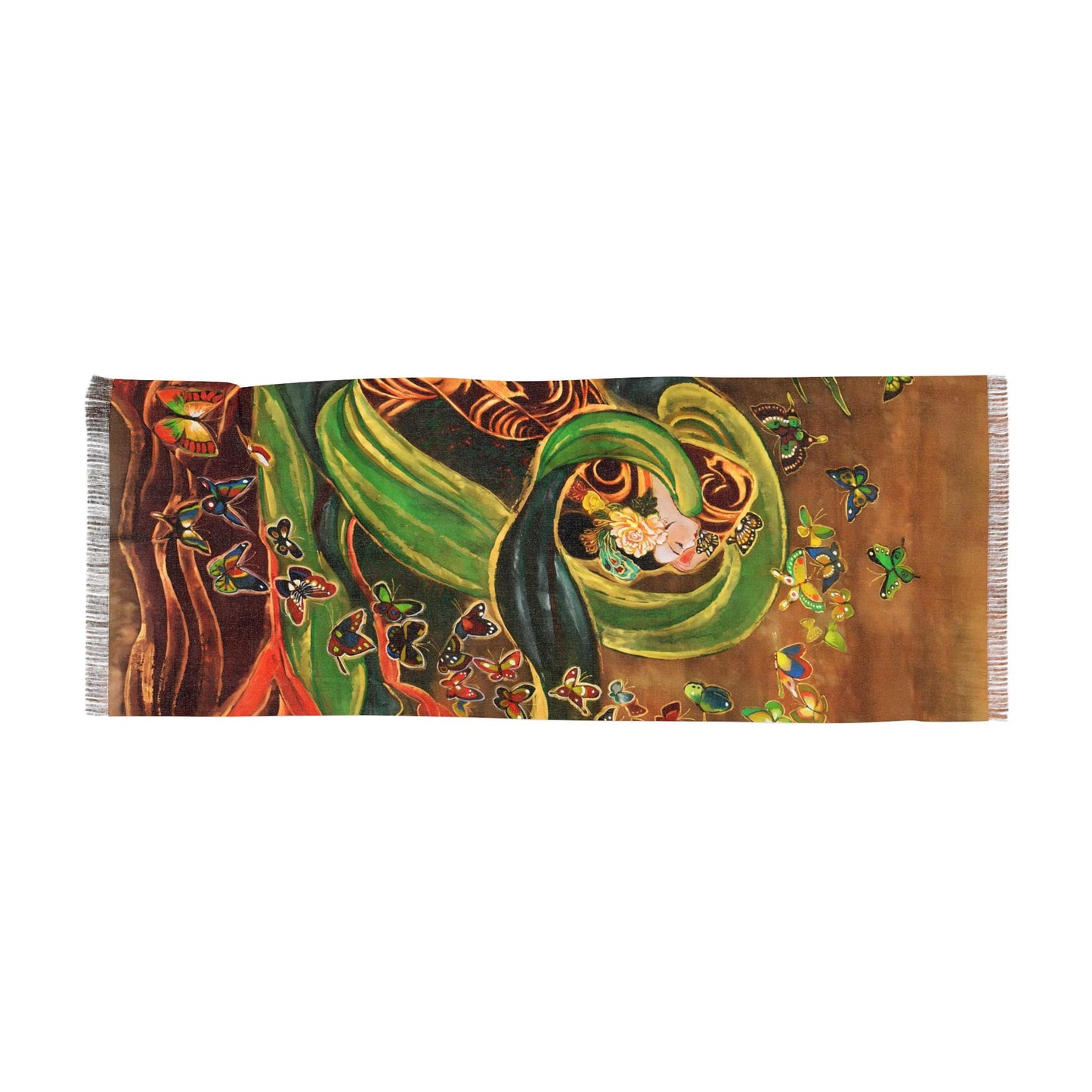 Jin Empress and Butterflies Light Scarf, Print of Chinese Watercolor Painting on Silk, Art by artist Xiang Li