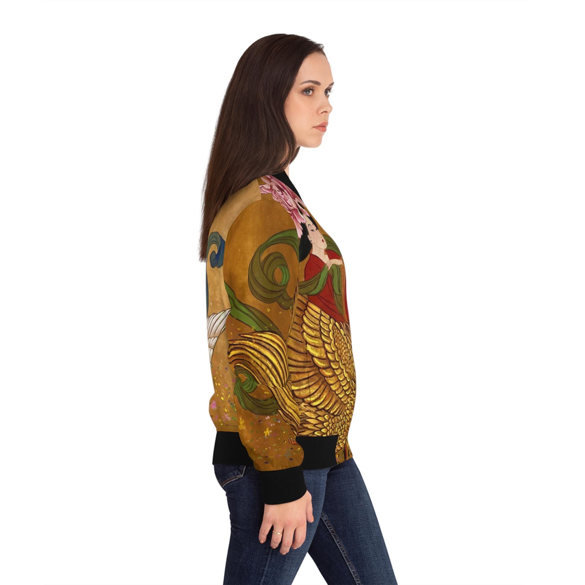 Women's Bomber Jacket - Chinese Empresses Design, Stand-Collar, Ribbed Cuffs - Cute & Badass Outerwear, Exclusive Piece. Gift for Her