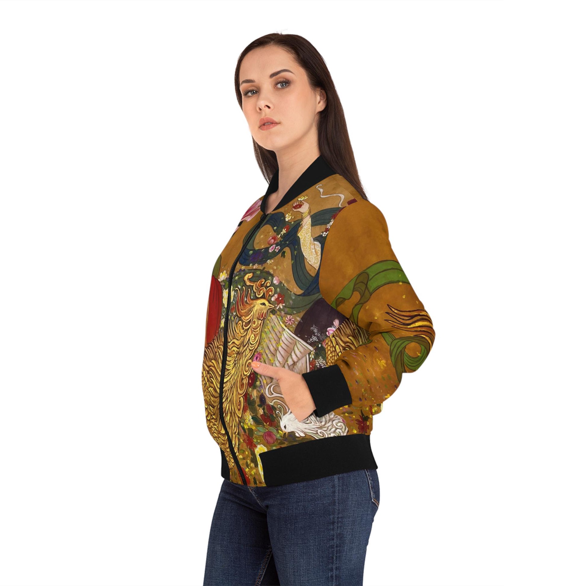 Women's Bomber Jacket - Chinese Empresses Design, Stand-Collar, Ribbed Cuffs - Cute & Badass Outerwear, Exclusive Piece. Gift for Her