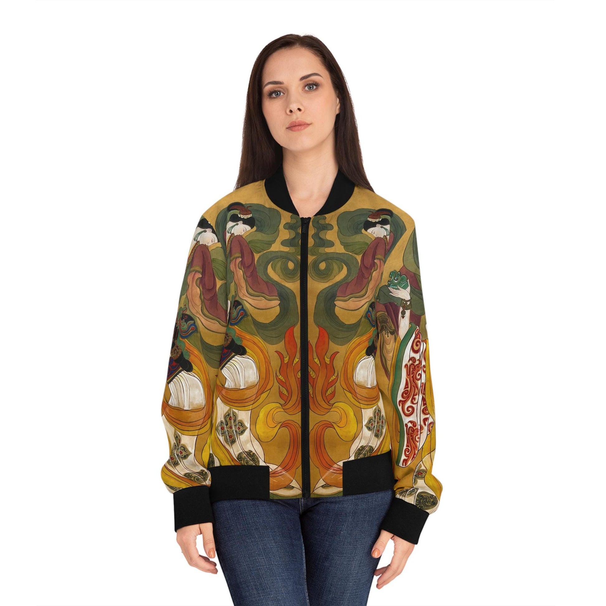 Chinese Empresses Women's Bomber Jacket, Vibrant Colors, Stand-Collar, Ribbed Cuffs, Durable, Comfortable, Unique Statement Piece