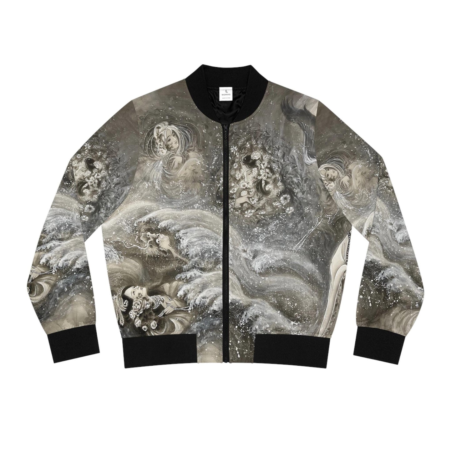 Chinese Empresses Women's Bomber Jacket, Black, White & Gray Theme, Stand-Collar, Ribbed Cuffs, Durable, Comfortable, Fall Outerwear