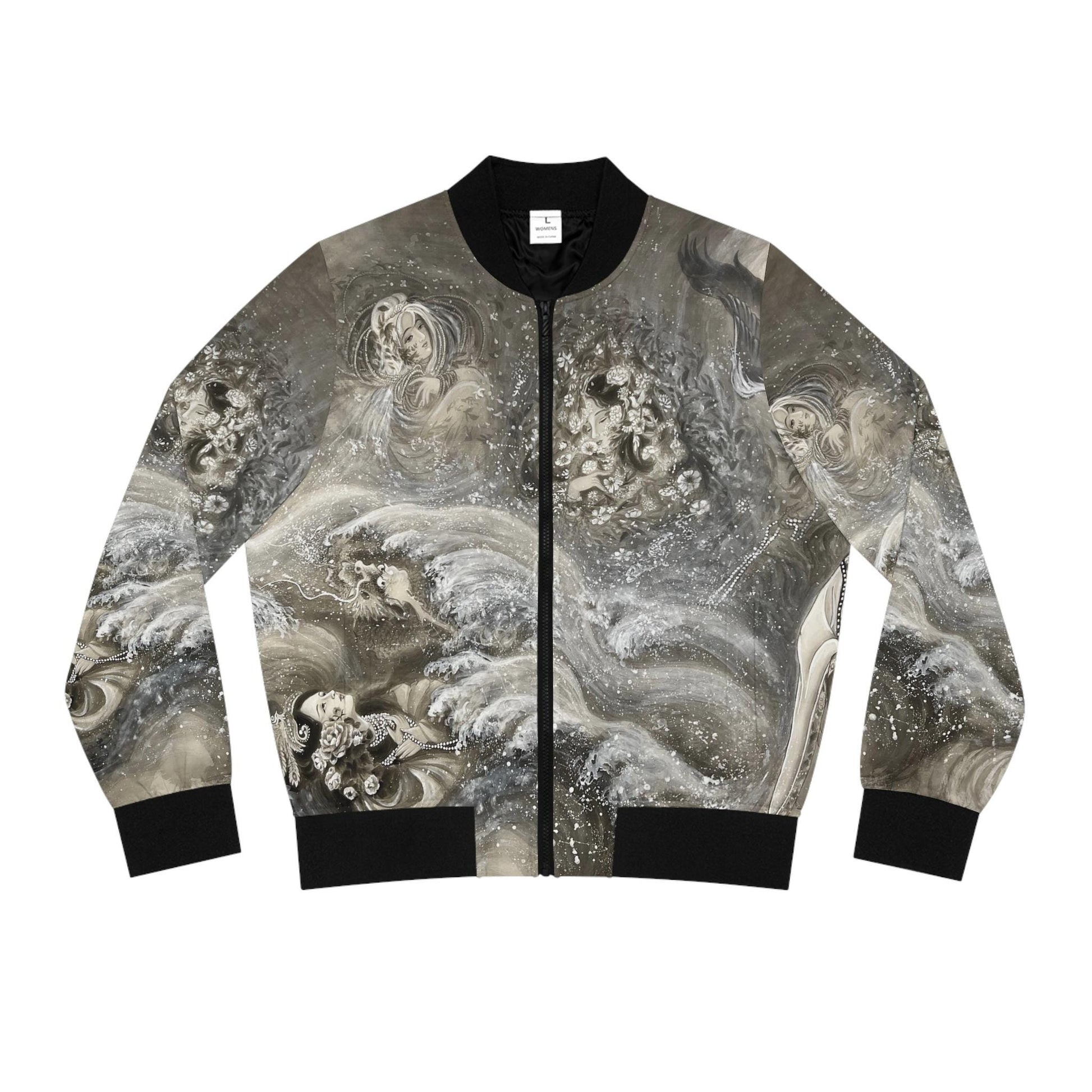 Chinese Empresses Women's Bomber Jacket, Black, White & Gray Theme, Stand-Collar, Ribbed Cuffs, Durable, Comfortable, Fall Outerwear